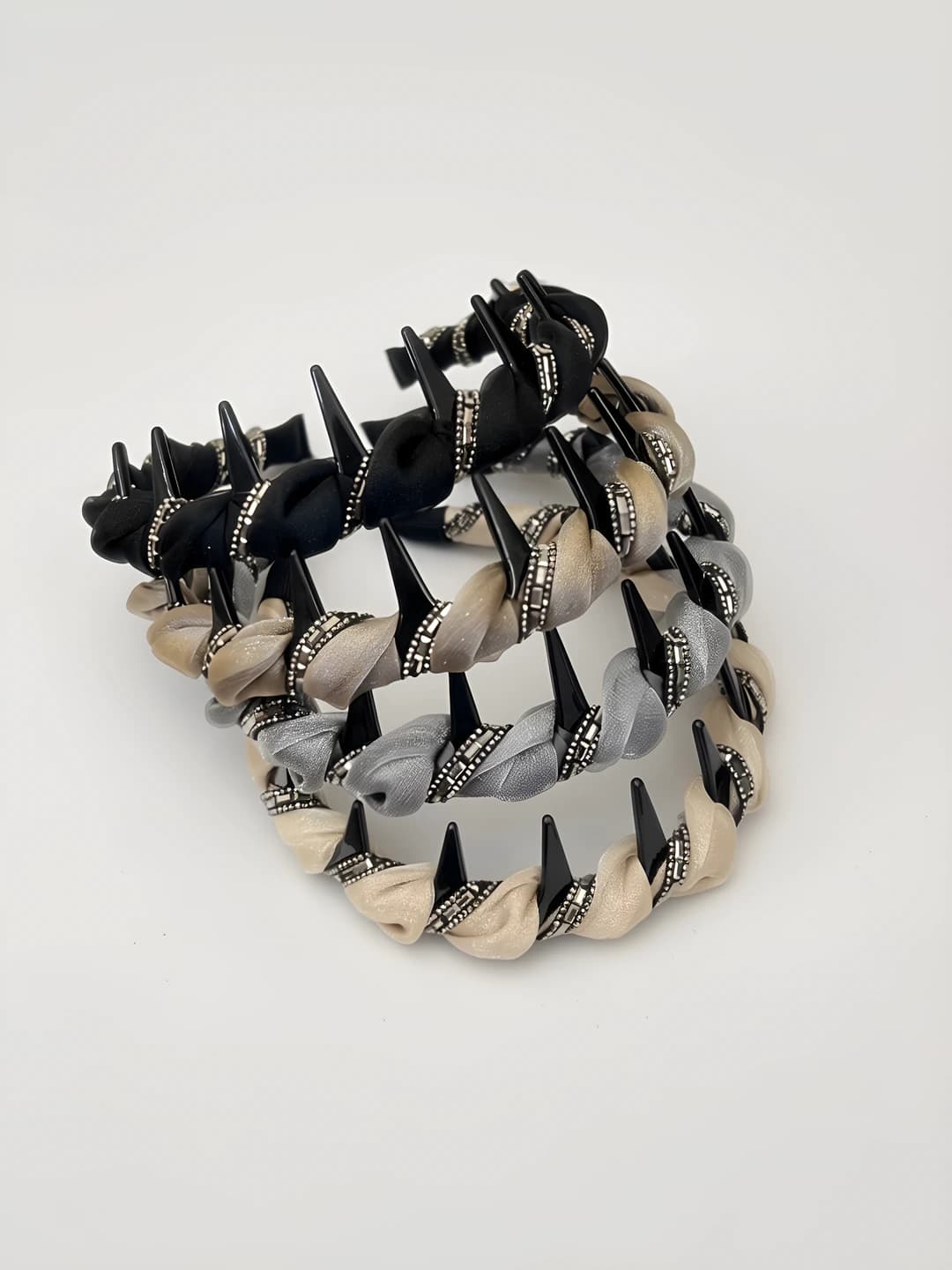 Women's non-slip satin ruffled headband, black, with sparkling stones