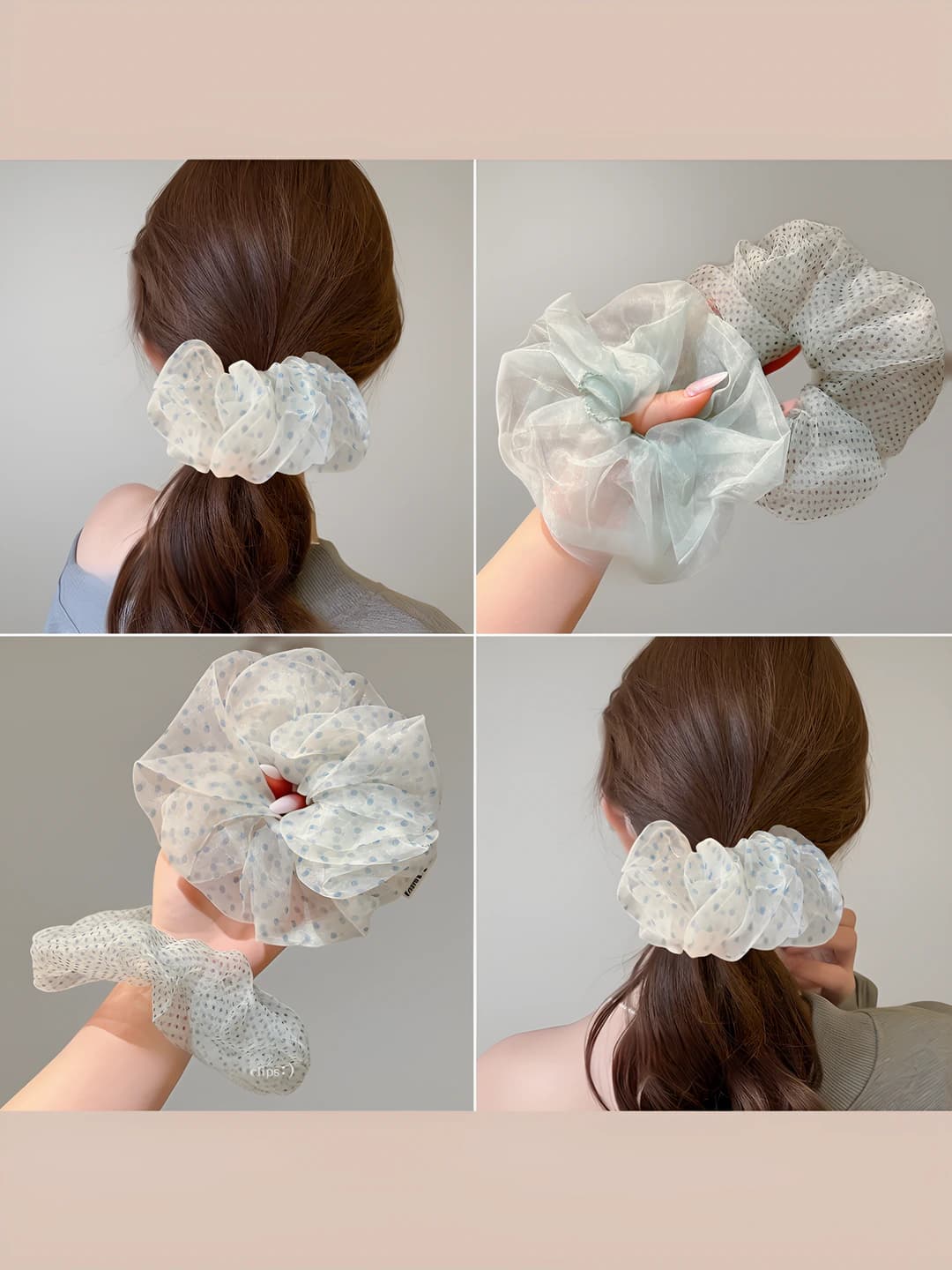 Women's large size Korean style stretch mesh scrunchie hair tie with polka dot pattern