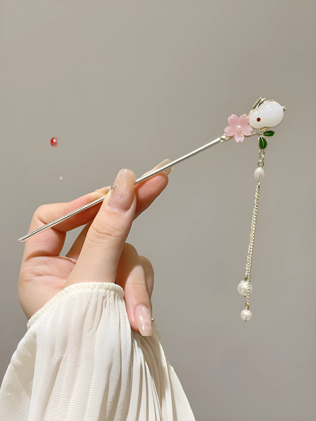 74# Jade rabbit flower tassel hairpin - Gold (bagged)