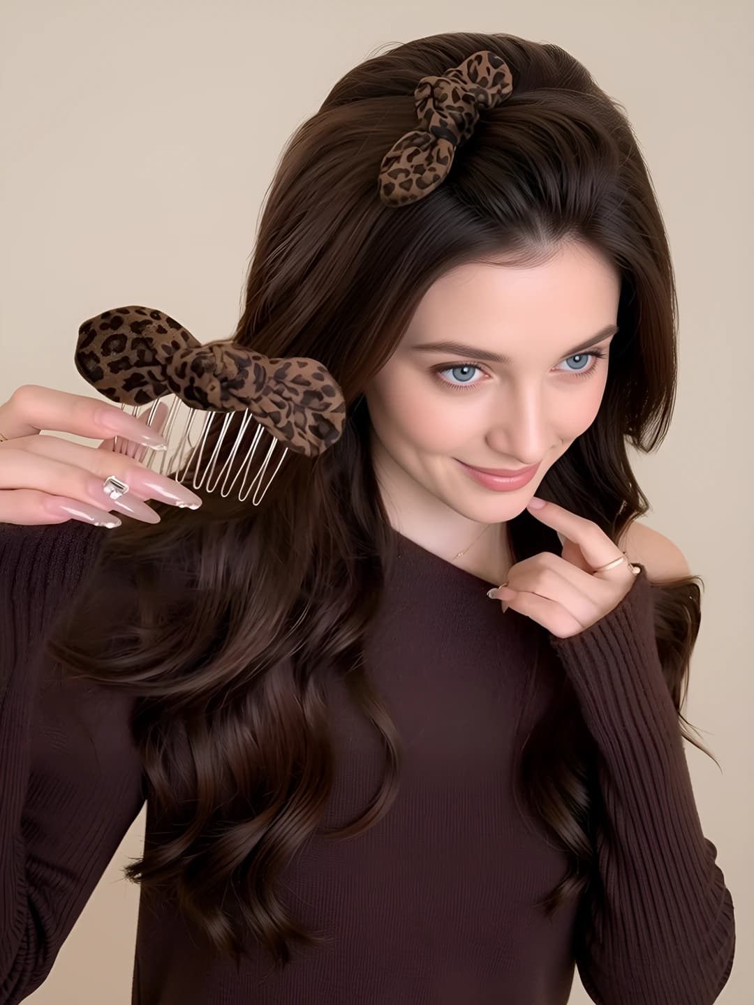 Women's leopard print bow hair clip with insert comb for bangs styling