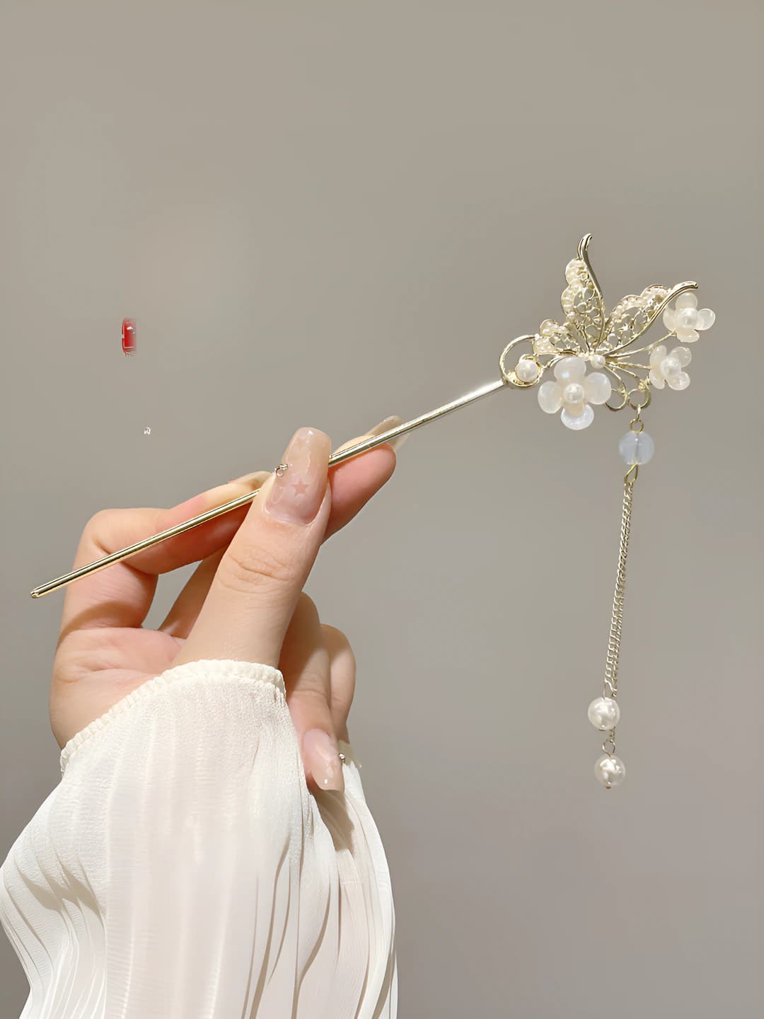 71# Butterfly pearl flower tassel hair pin - Gold
