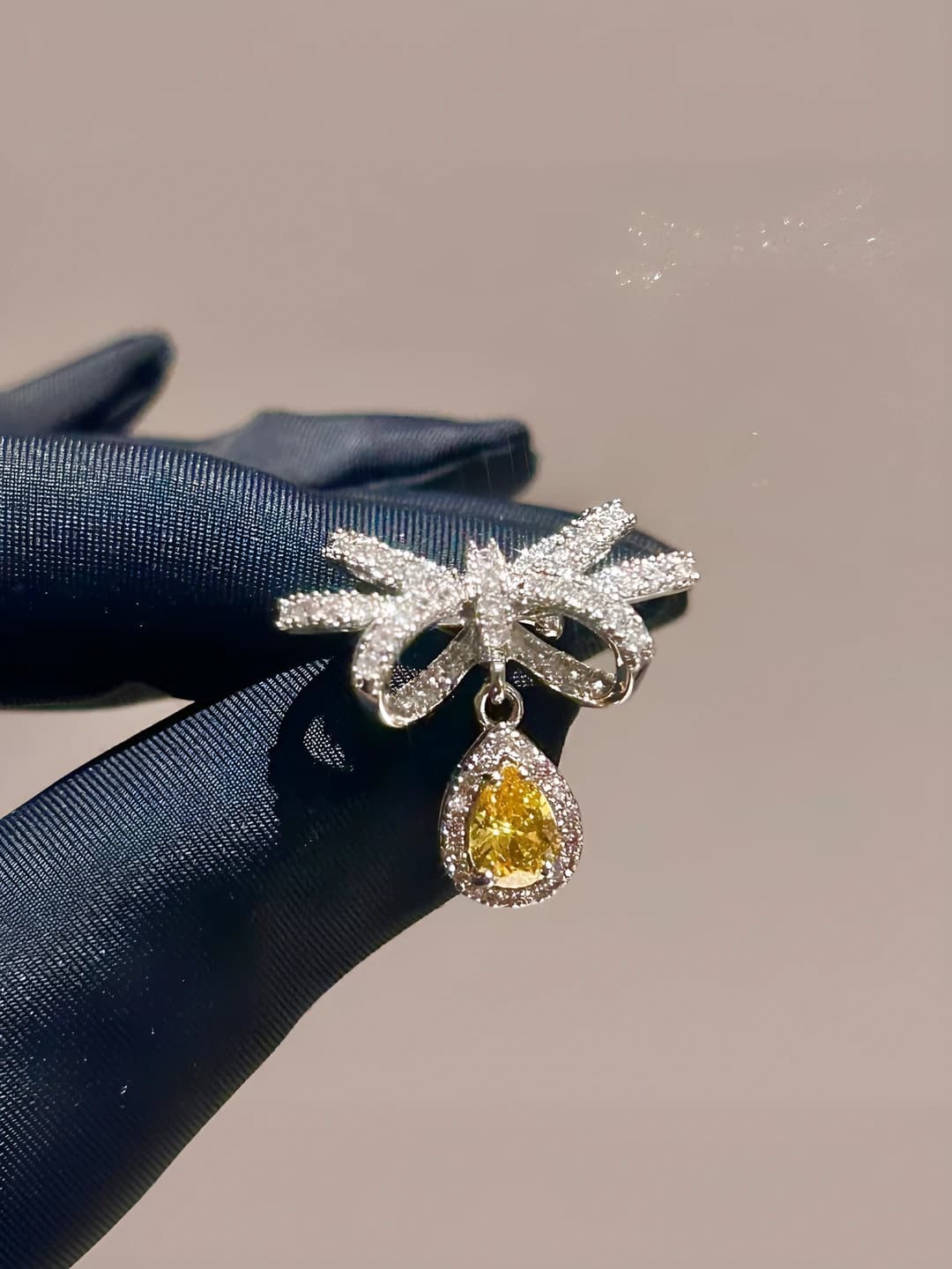 Women's full pavé diamond bow, yellow diamond drop ear clips, no piercing, OL style, formal occasion earrings