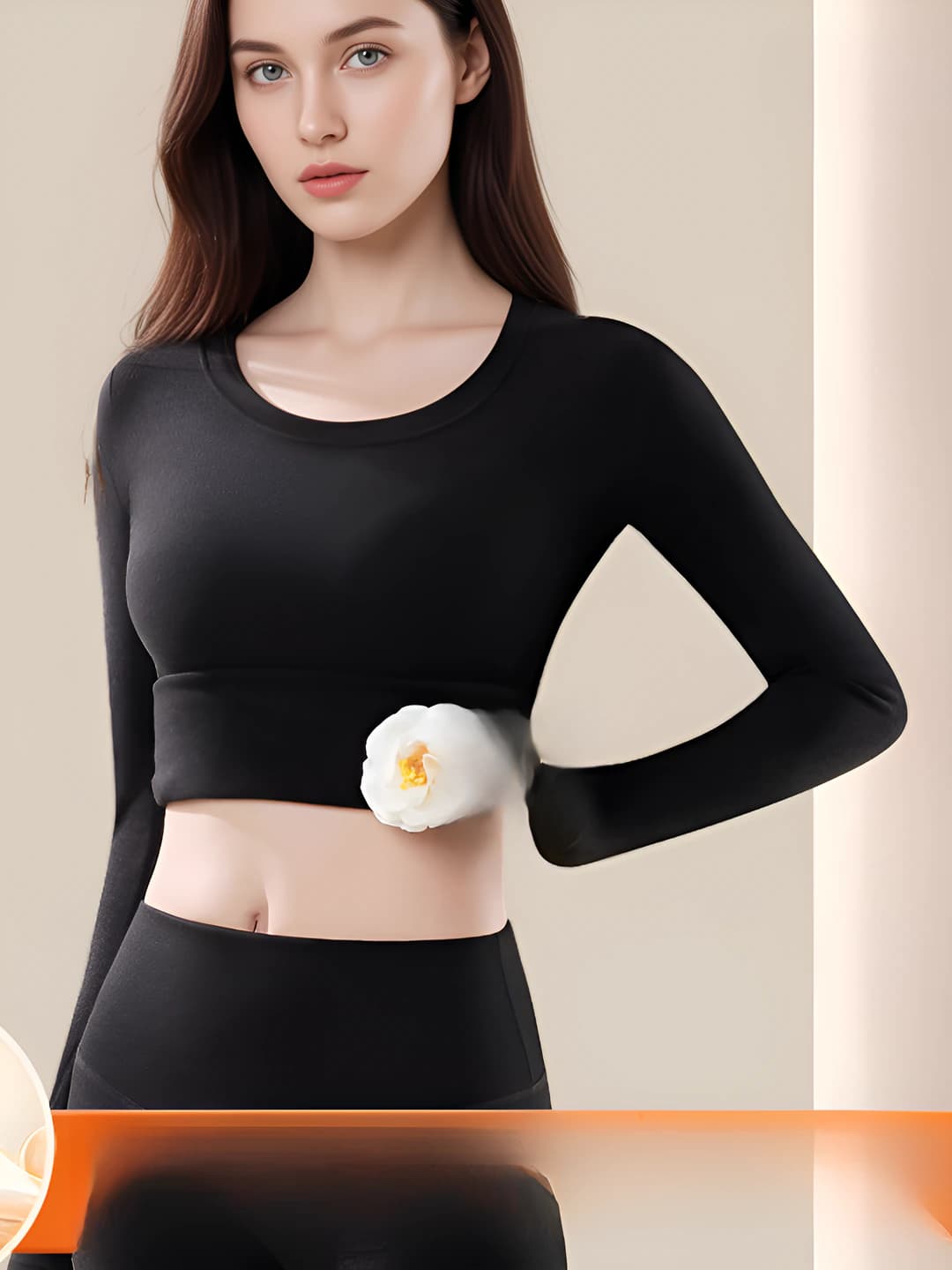Women's autumn-winter fleece-lined thermal underwear set, thickened, warm, stretch, breathable, seamless, crew neck, long sleeve, trousers, solid colour