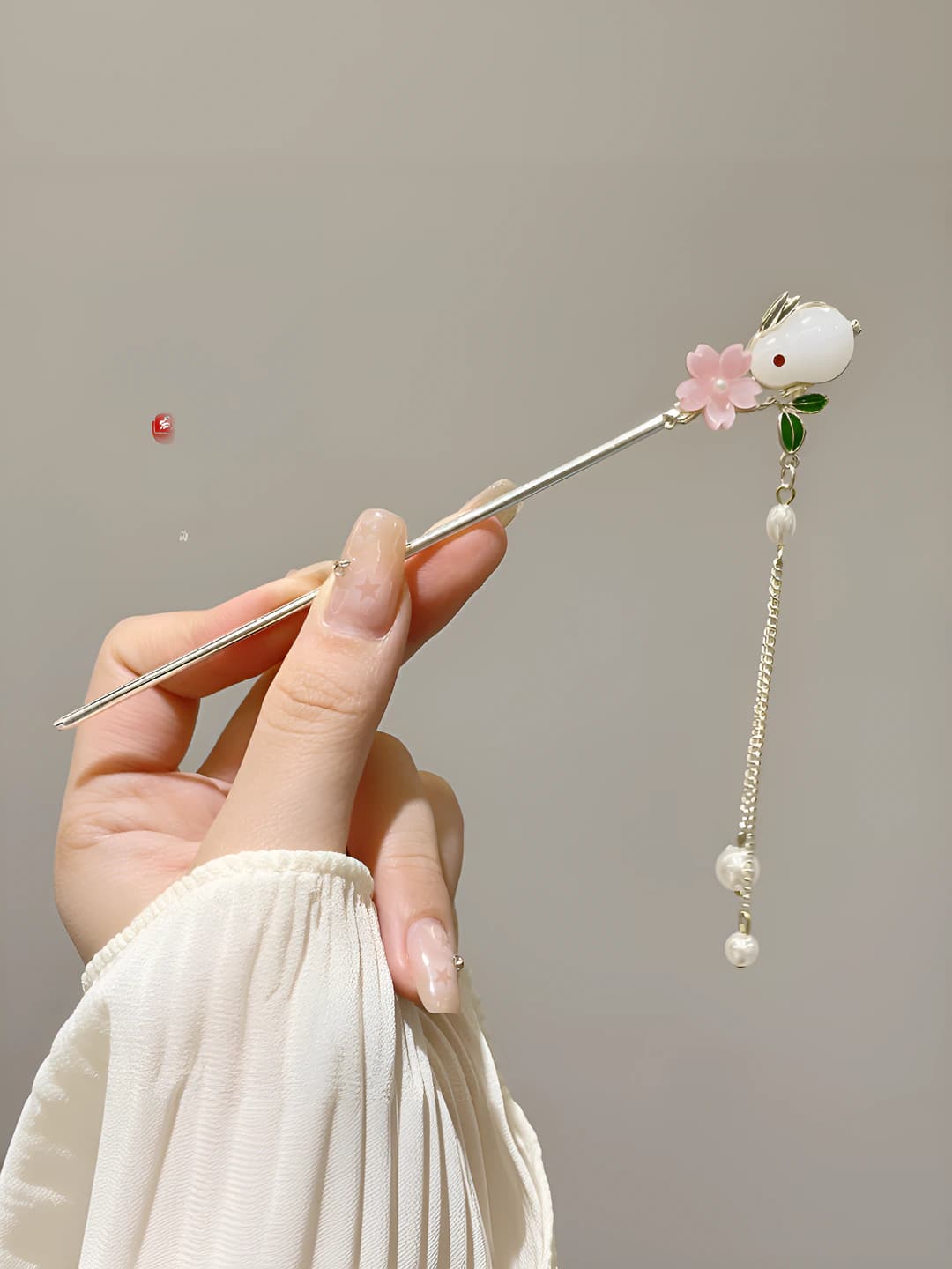 75# Jade rabbit pink flower tassel hair pin - Gold