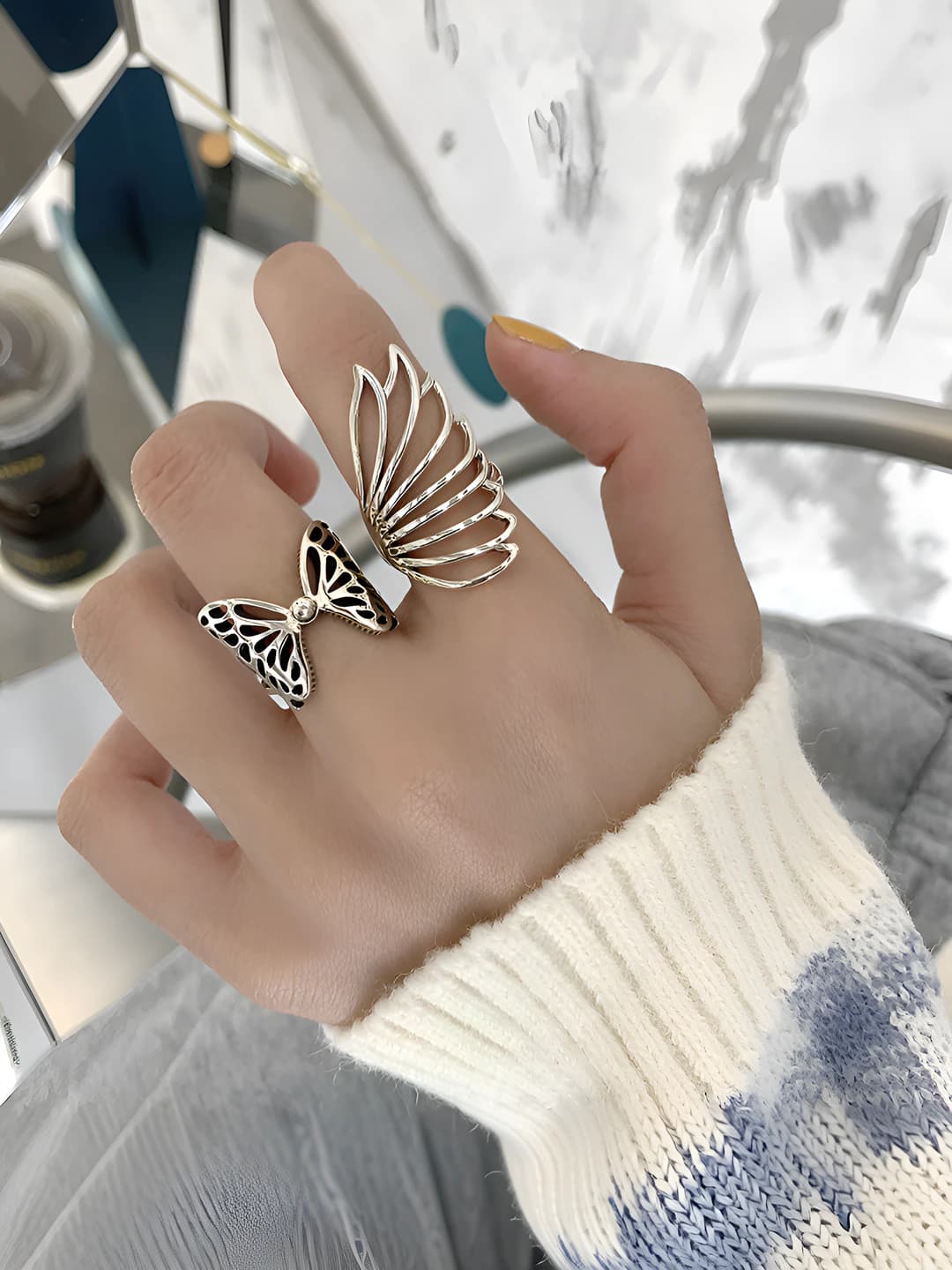 Women's retro style butterfly ring, geometric shape, made of copper, electroplated