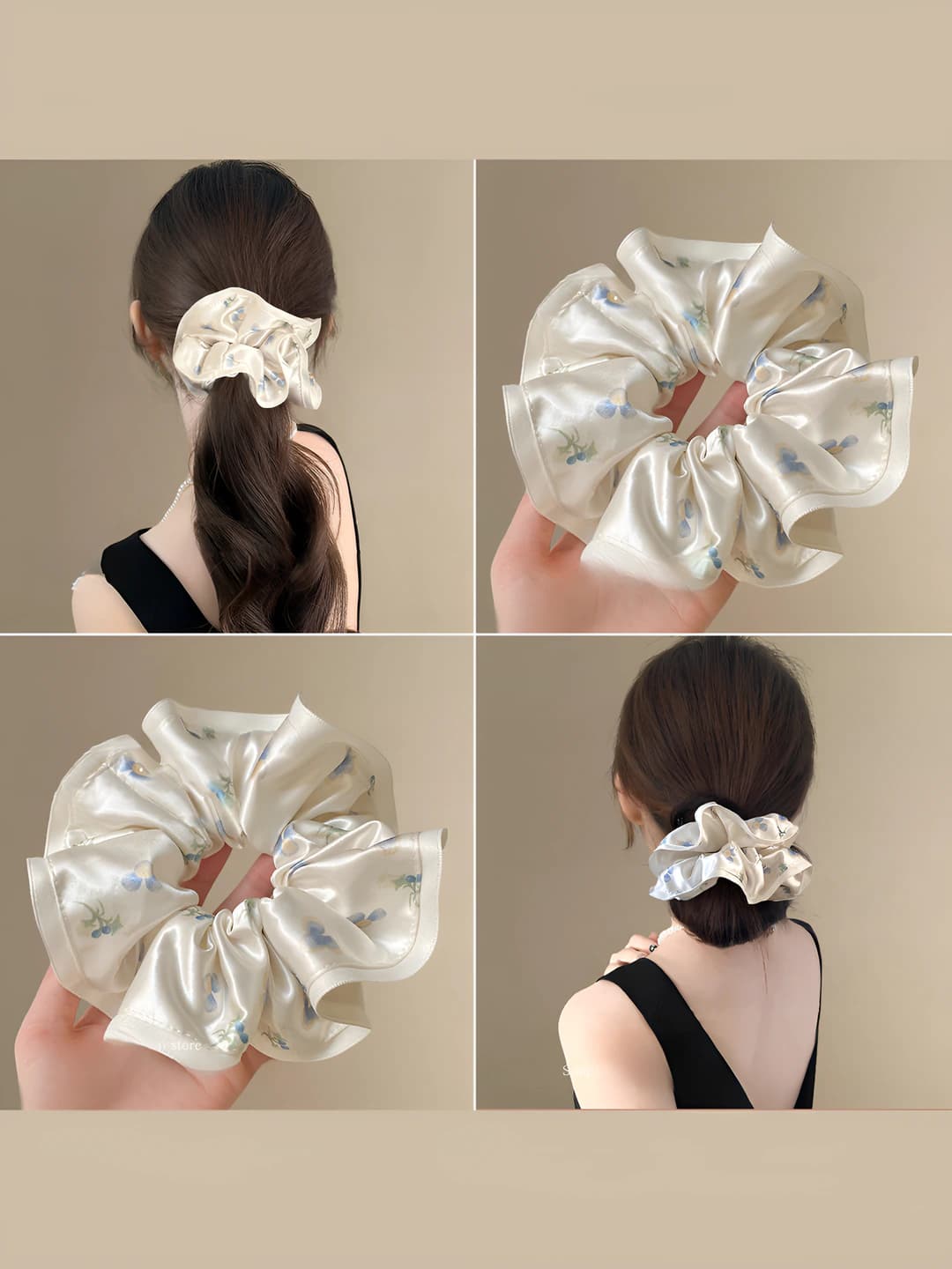 Women's satin floral scrunchie hair tie in Korean style, large size, 2026