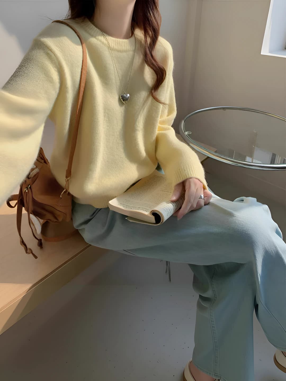 Women's 2026 autumn-winter wool sweater, crew neck, loose fit, long sleeve, thickened long-sleeve base top