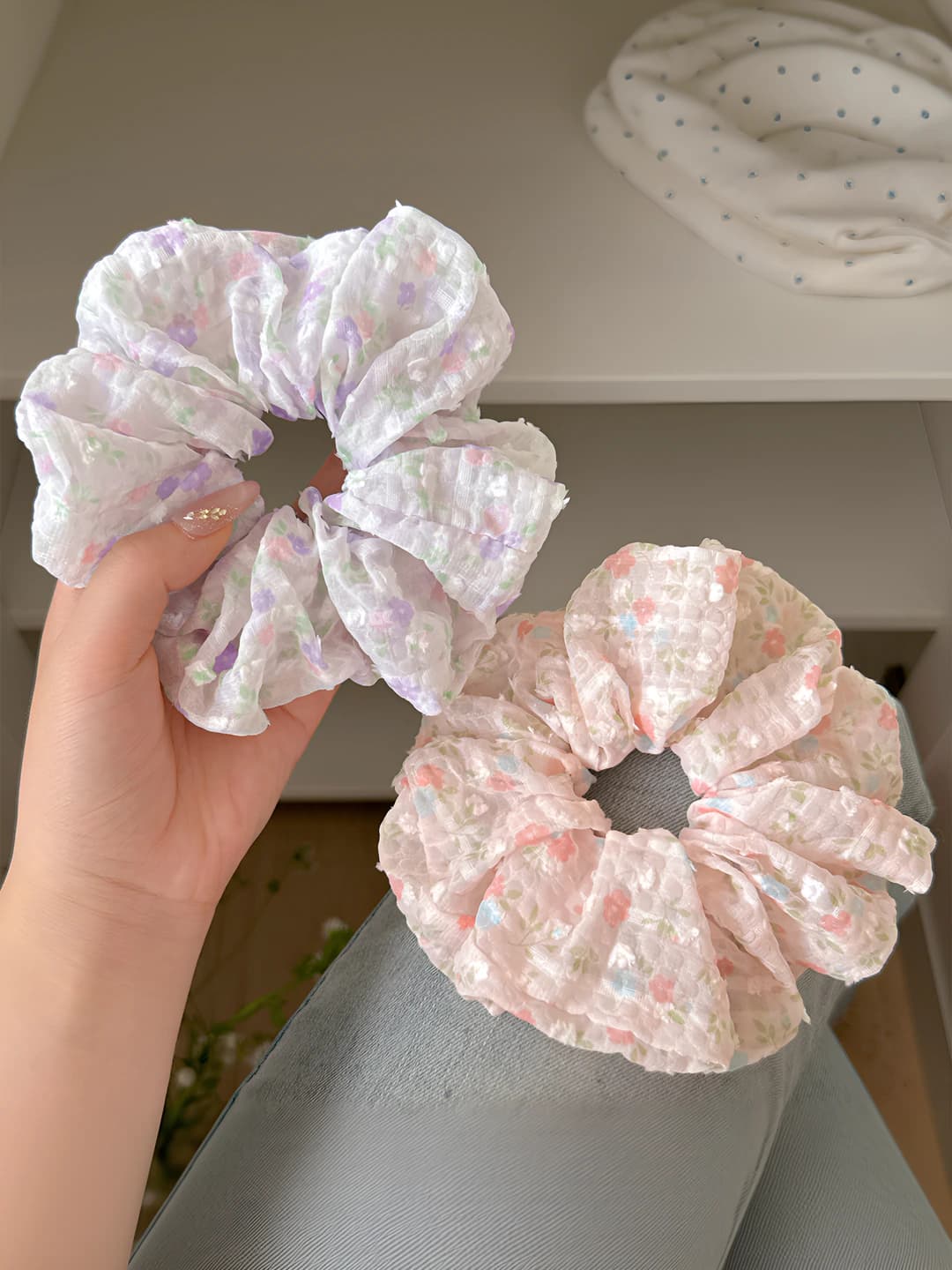Women's hair scrunchie in Korean style with floral pattern, stretch, summer