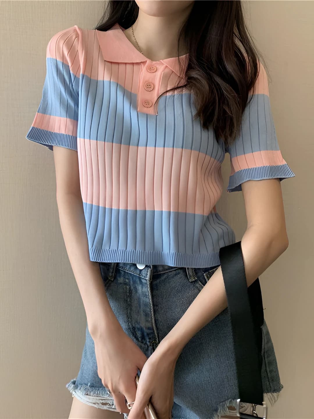 Women's summer 2026 Korean style striped short sleeve knit polo top