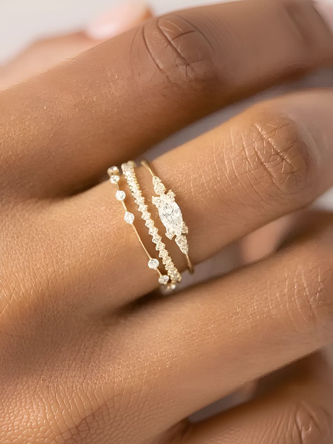 Women's three-piece ring set: geometric brass rings with zirconia