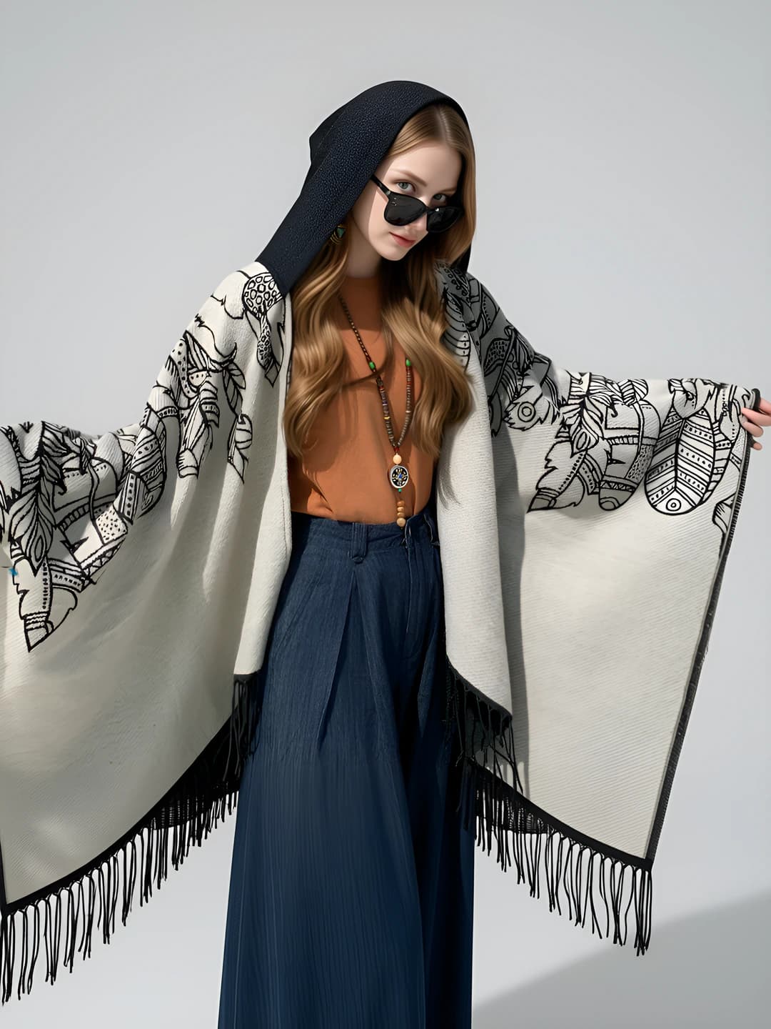 Женский ретро этнический утеплённый тёплый пончо с капюшоном, узор тотем, 2026
