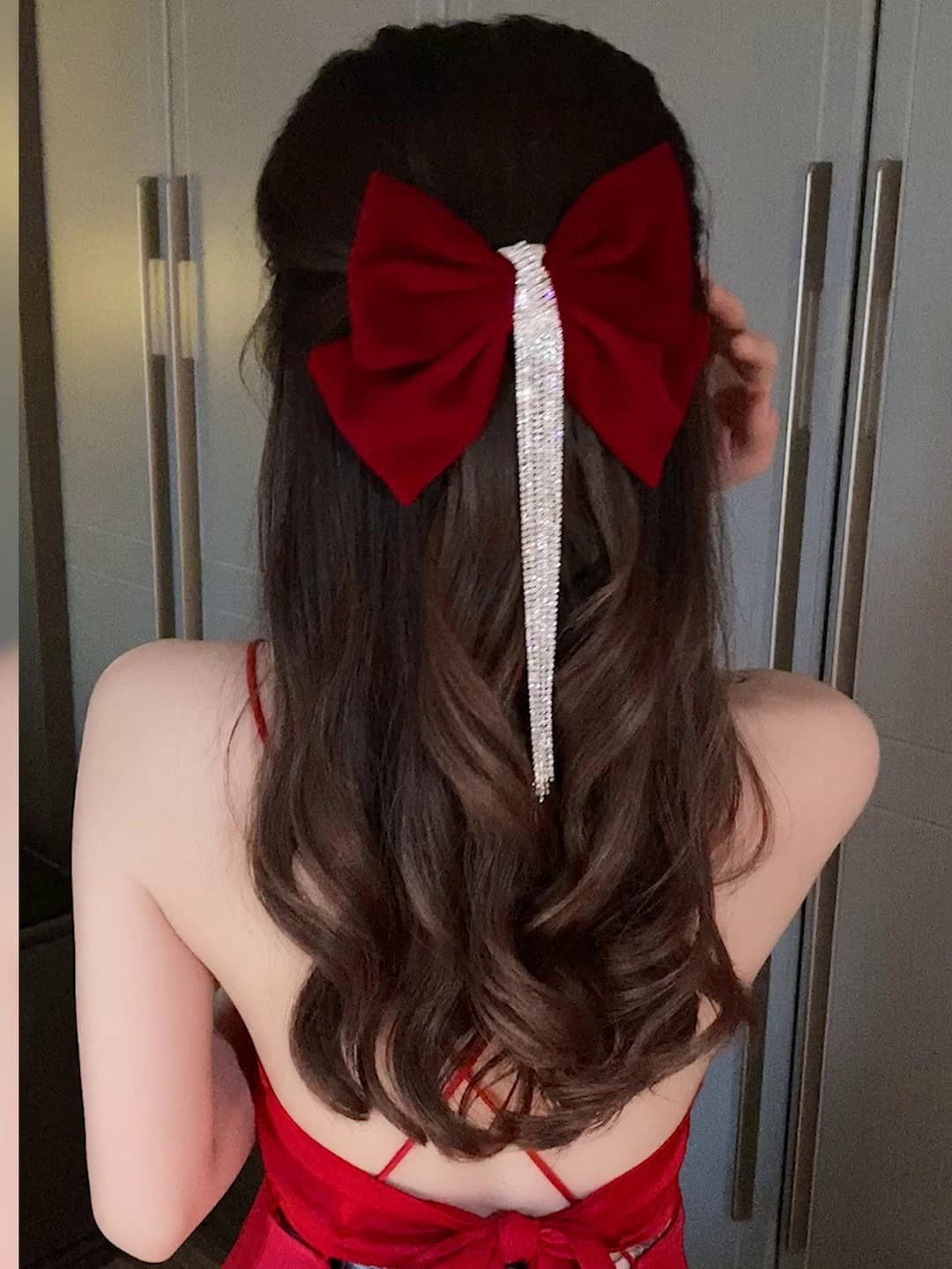 Women's velvet bow hair clip for autumn-winter, butterfly, french, shiny, spring