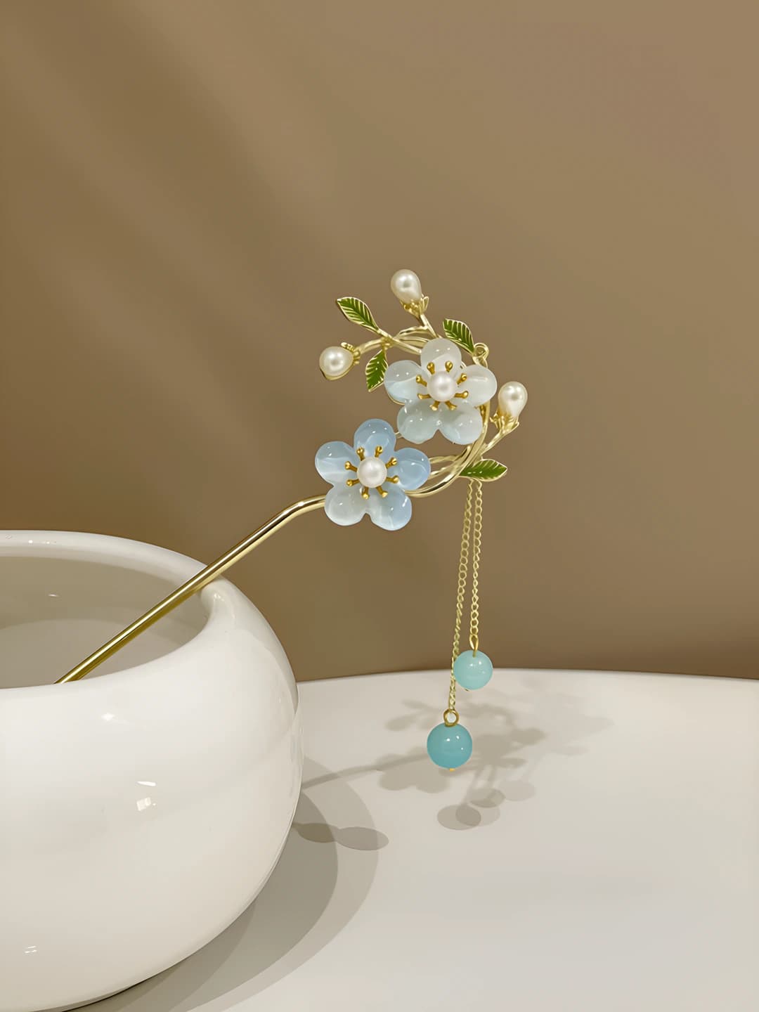 46# Blue double flower tassel pendant - Gold (in bag)