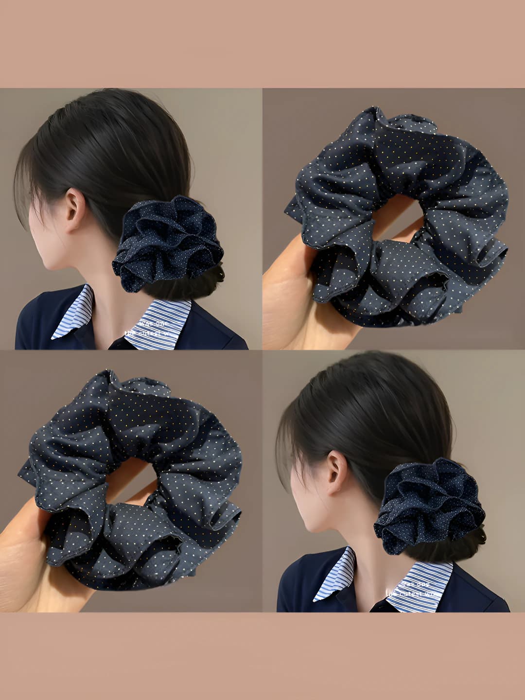 Women's blue polka dot double-layer stretch hair tie, 2026