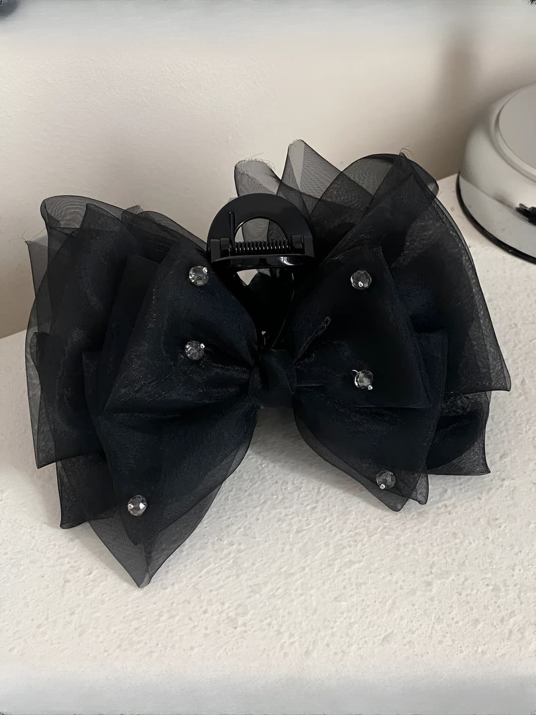 Diamond bow stud earrings [Black]