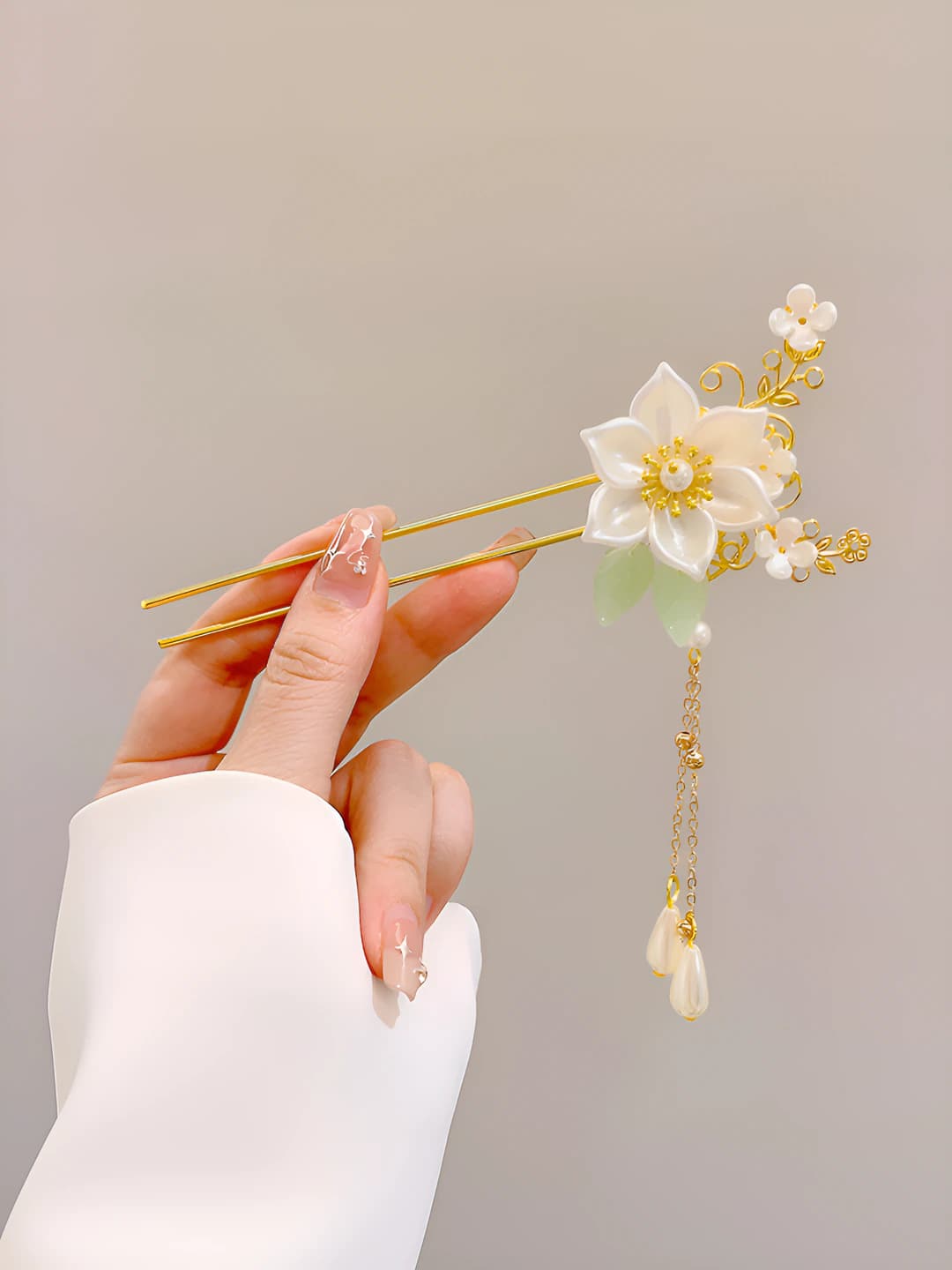13# White lotus pearl flower gold hairpin tassel (bagged)