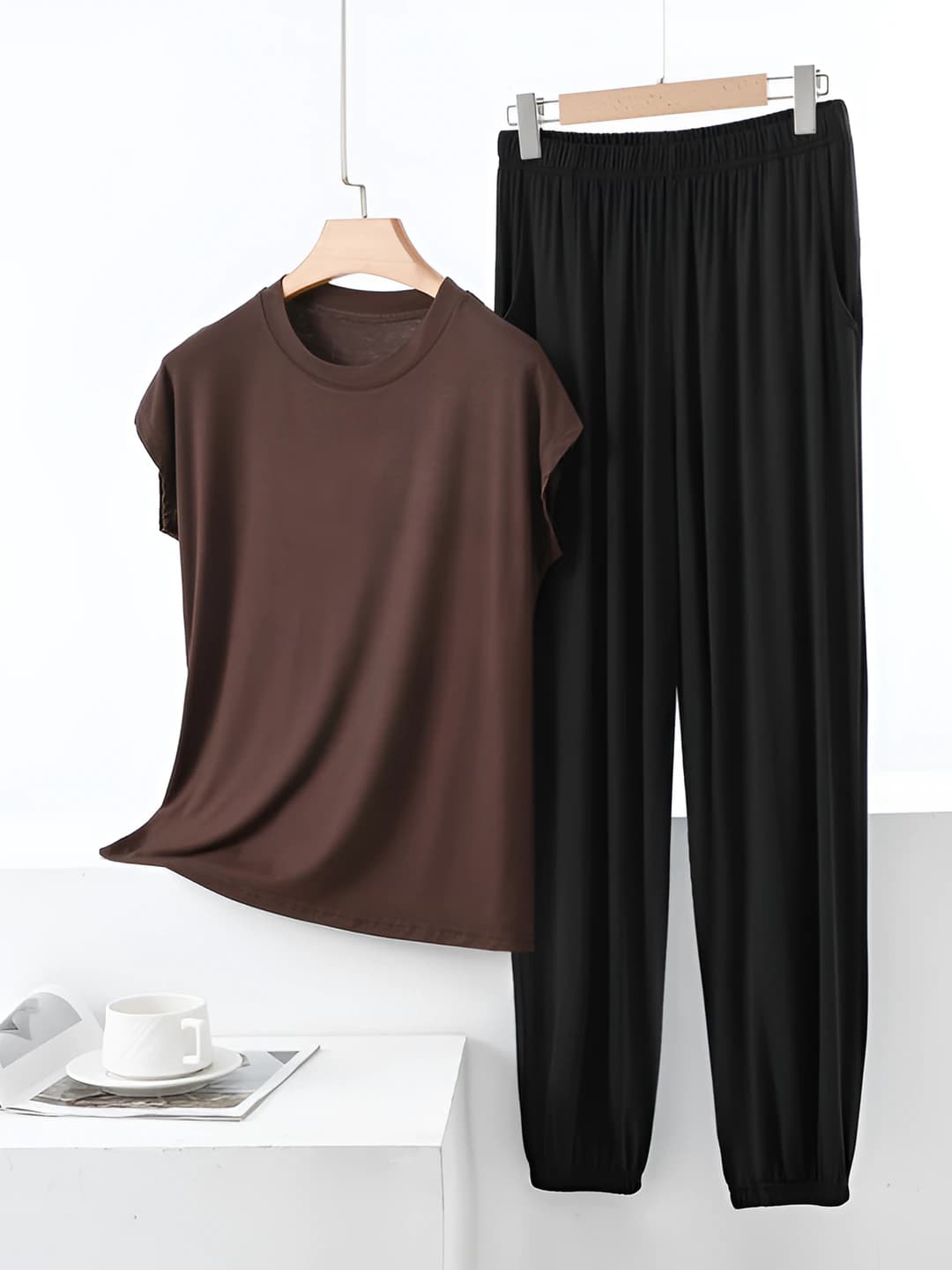 Dark coffee + Black pants