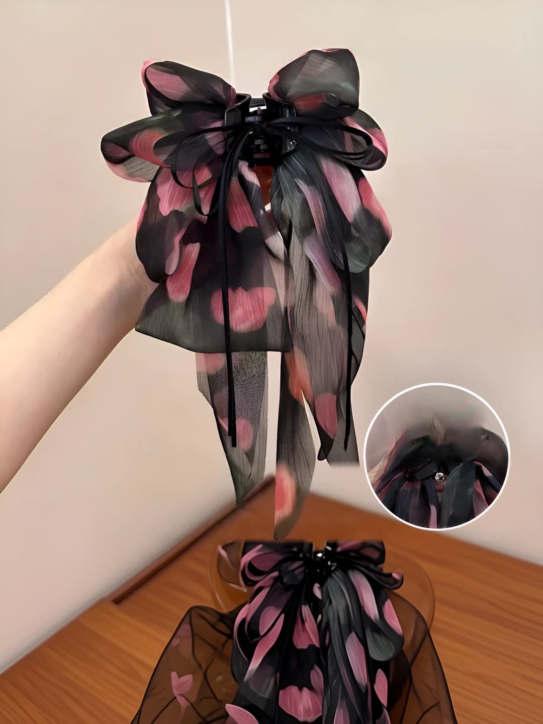 Floral bow pony clip - bow 18.5 cm, ribbon 20 cm