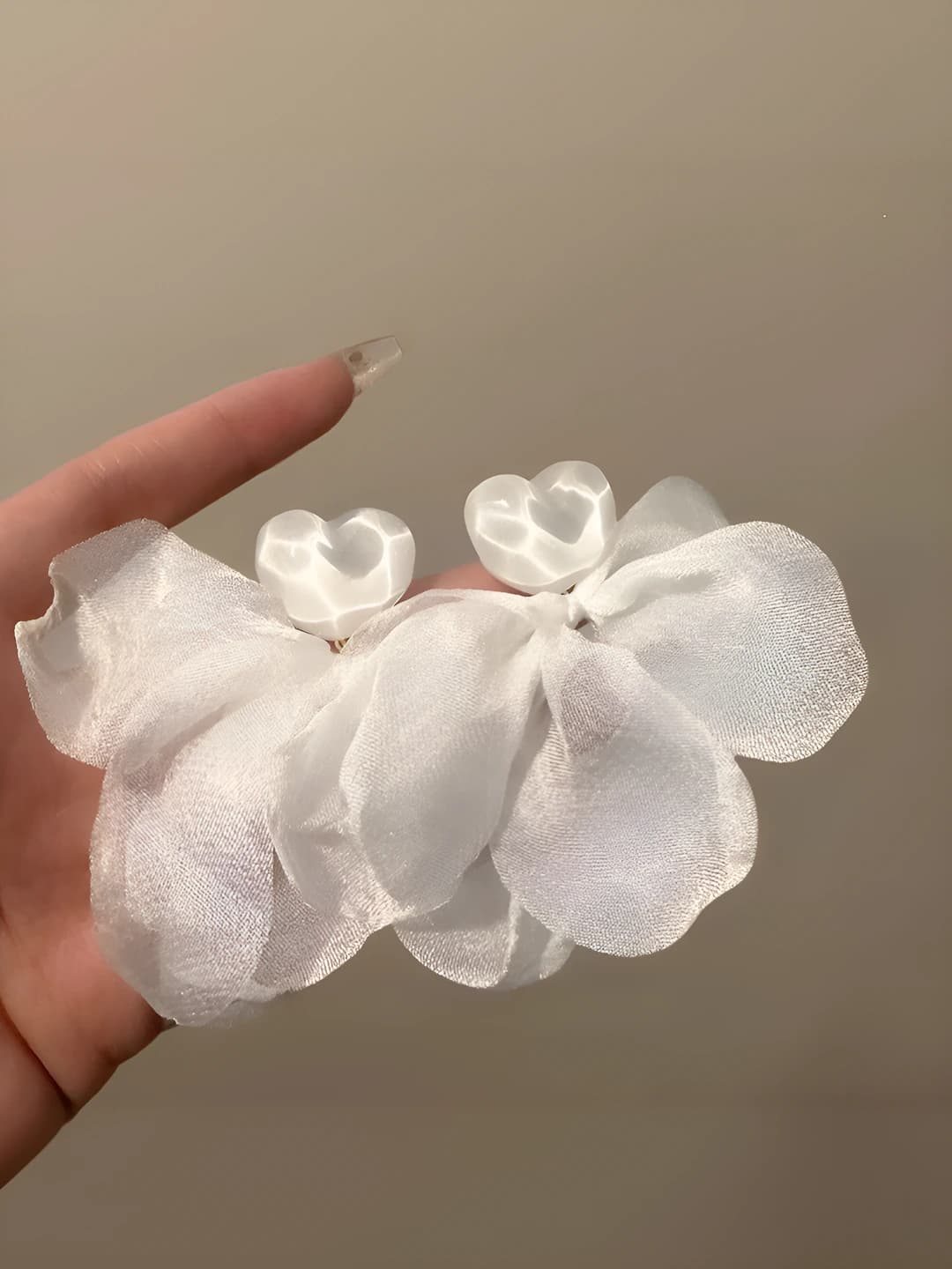 White chiffon heart earrings