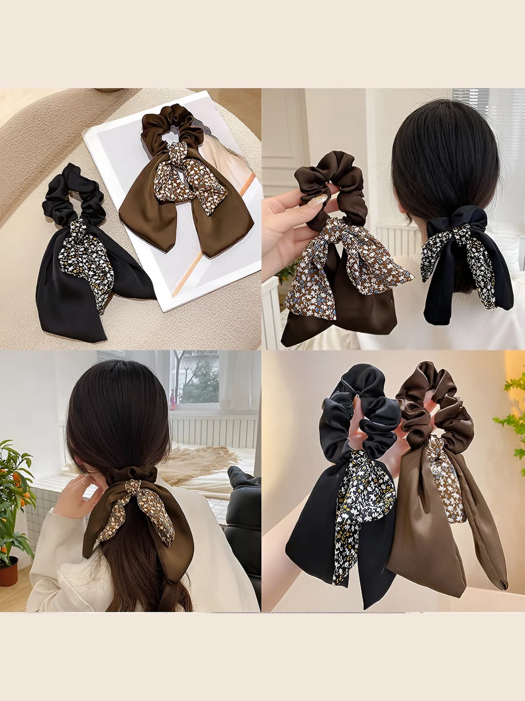 Women's spring-summer stretch satin hair ties with handmade ribbon bow