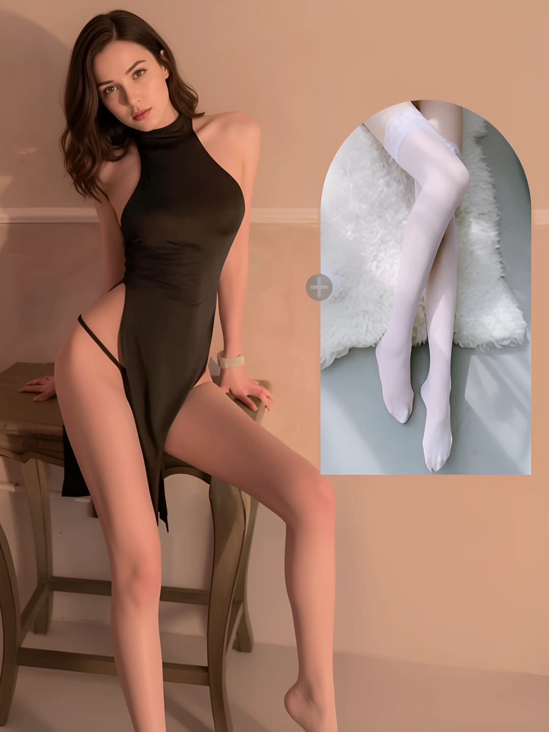 Black long slit dress + white stockings