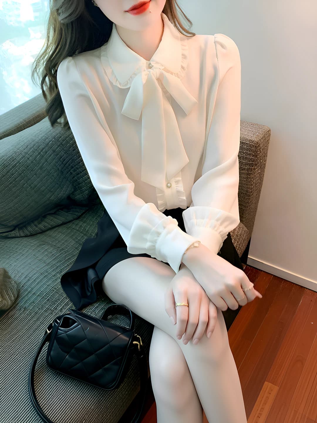 Women's Korean style long sleeve blouse with mock neck, loose fit, slim fit, cotton-polyester fabric, spring-autumn