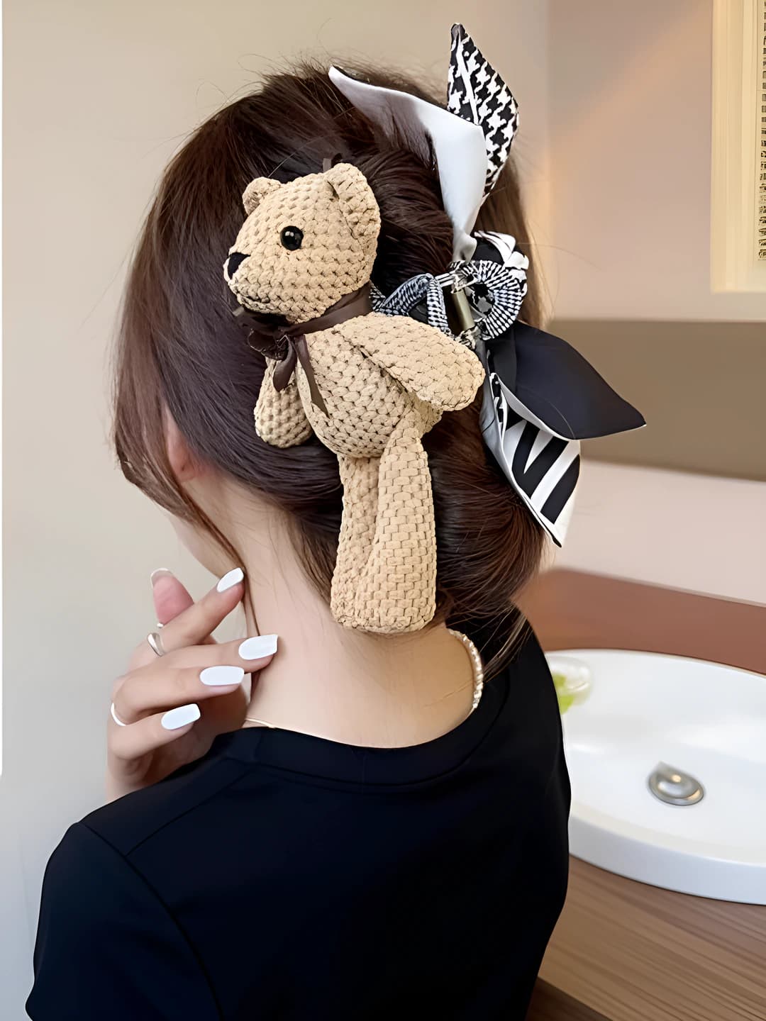 Women's hair clips and combs: large summer size, with crocheted bear and ribbon, casual style