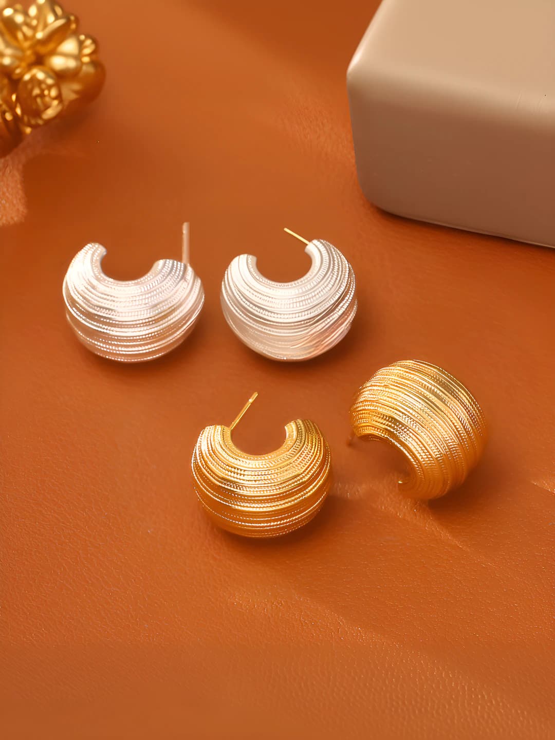 Women's C-shaped hoop earrings, eco-brass with real gold plating, geometric design element, exotic style