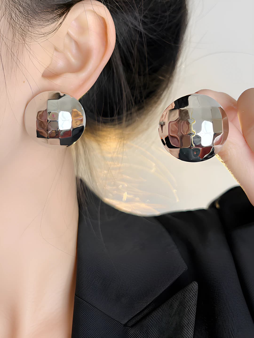 Women's retro style geometric metal half-sphere design element earrings