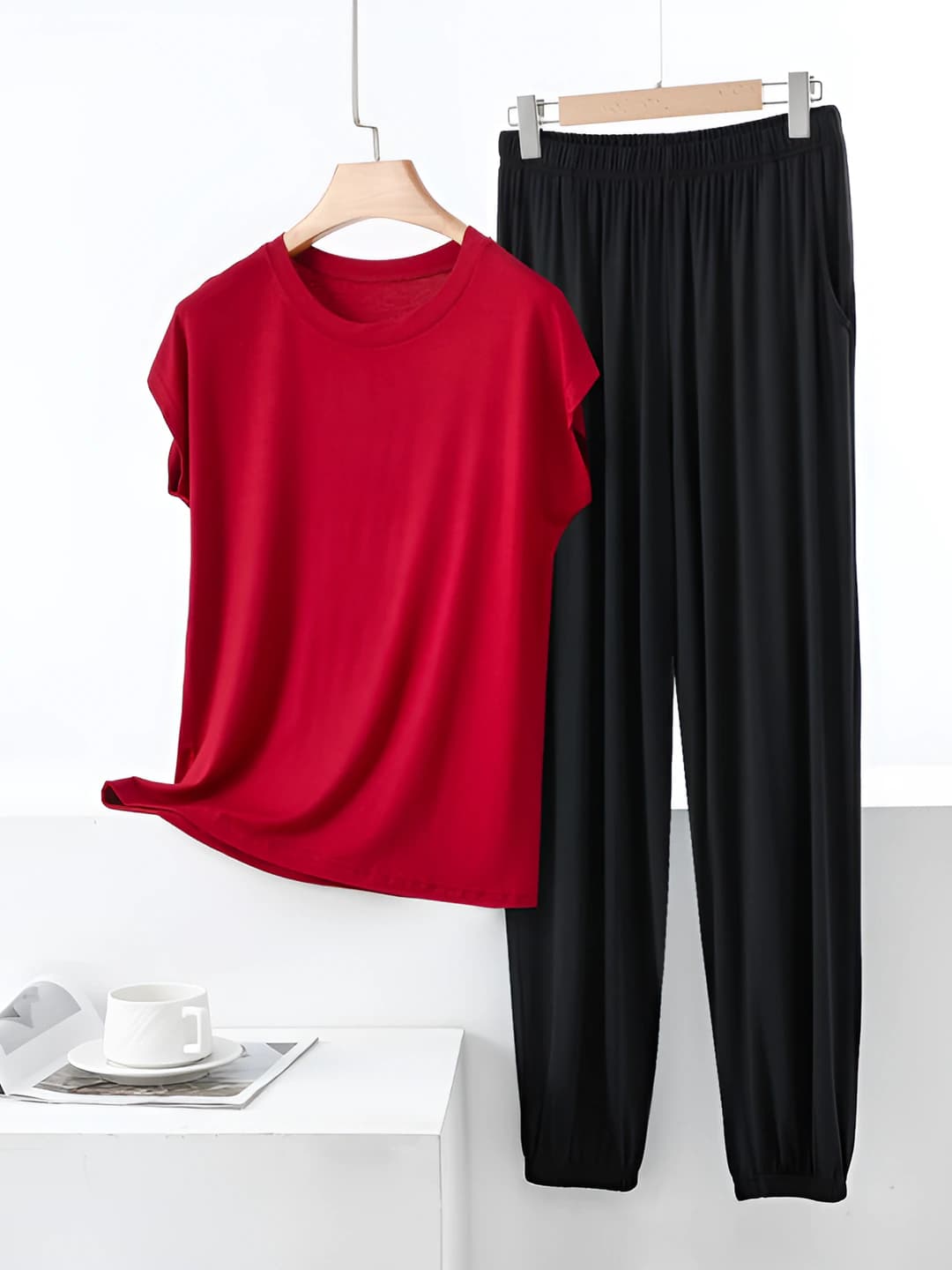 Wine red + black pants