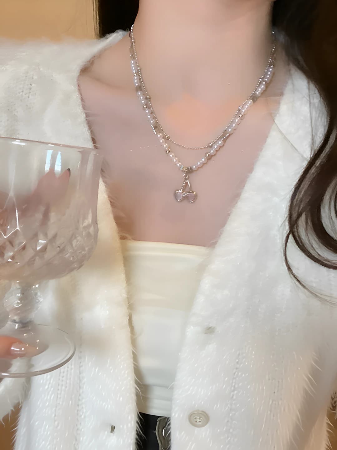 Women's short necklace with pearls and stones in cherry shape in sweet style