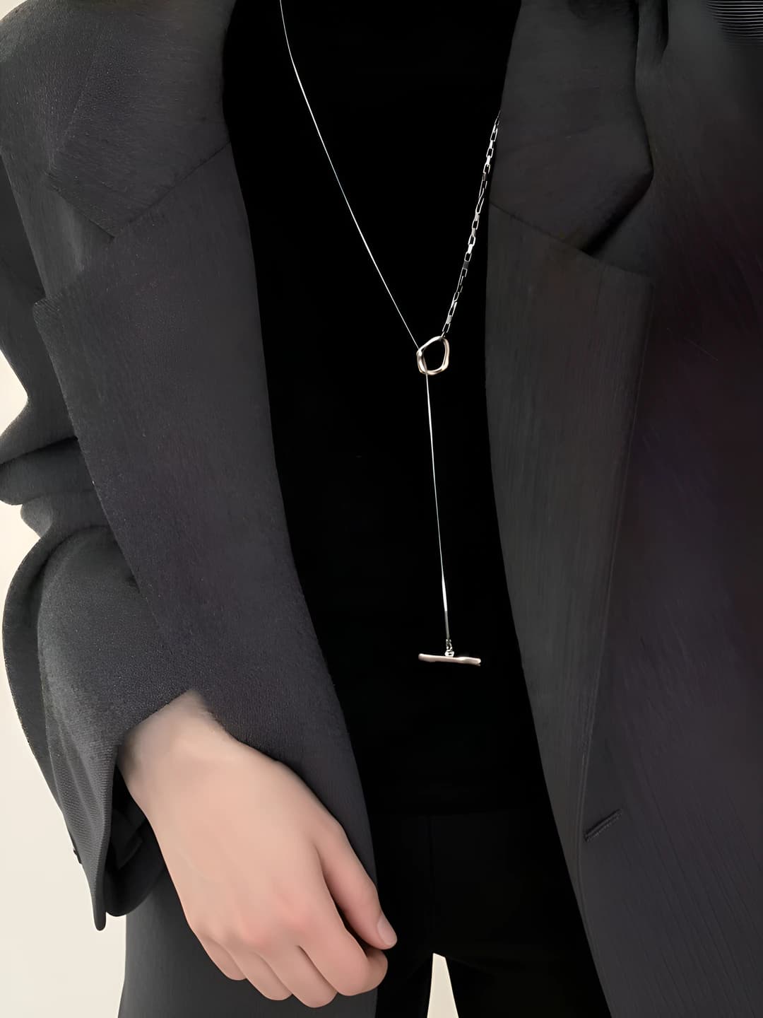 Women's long silver-tone OT buckle chain necklace for sweater, autumn-winter accessory