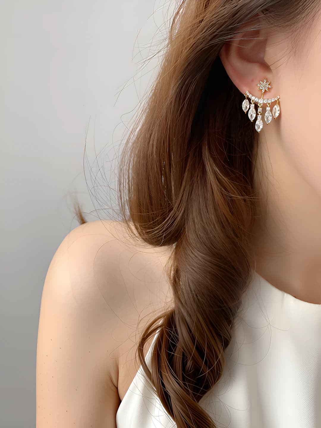 Women's silver post, zirconia, star-shaped, tassel design element, ins style earrings