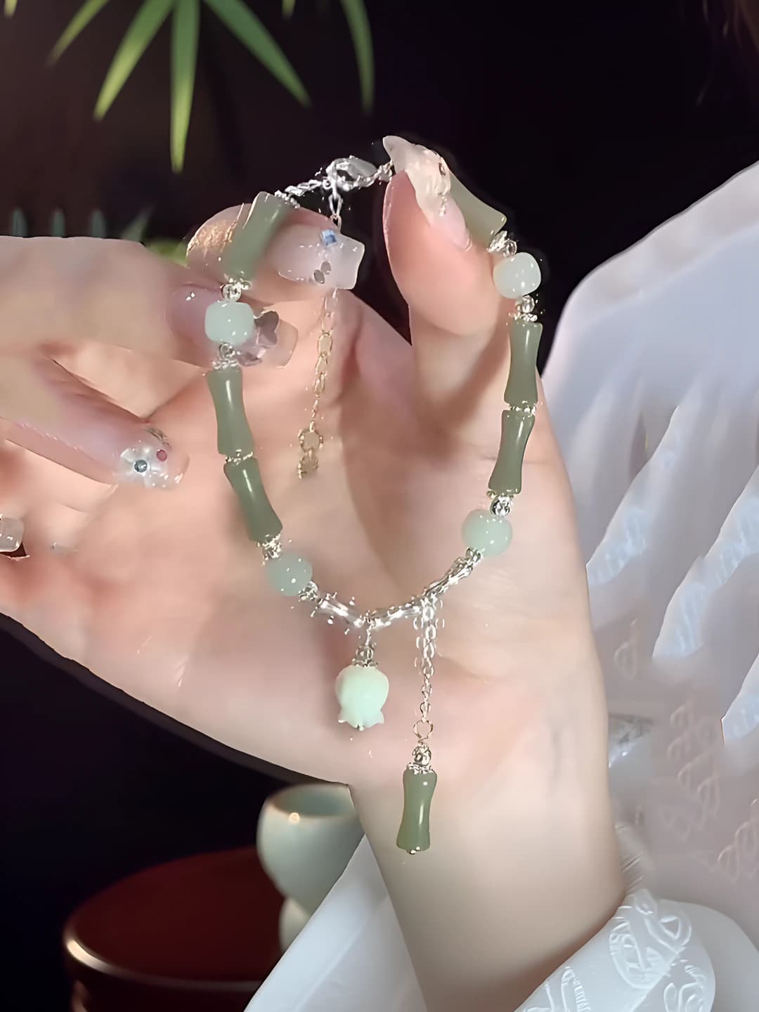 Women's new Chinese style glass and lucite bracelet with bamboo and lily of the valley design