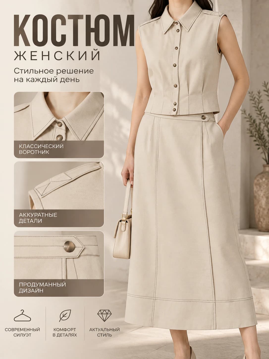Women's summer two-piece set with sleeveless top and midi skirt, solid colour, polyester, casual style