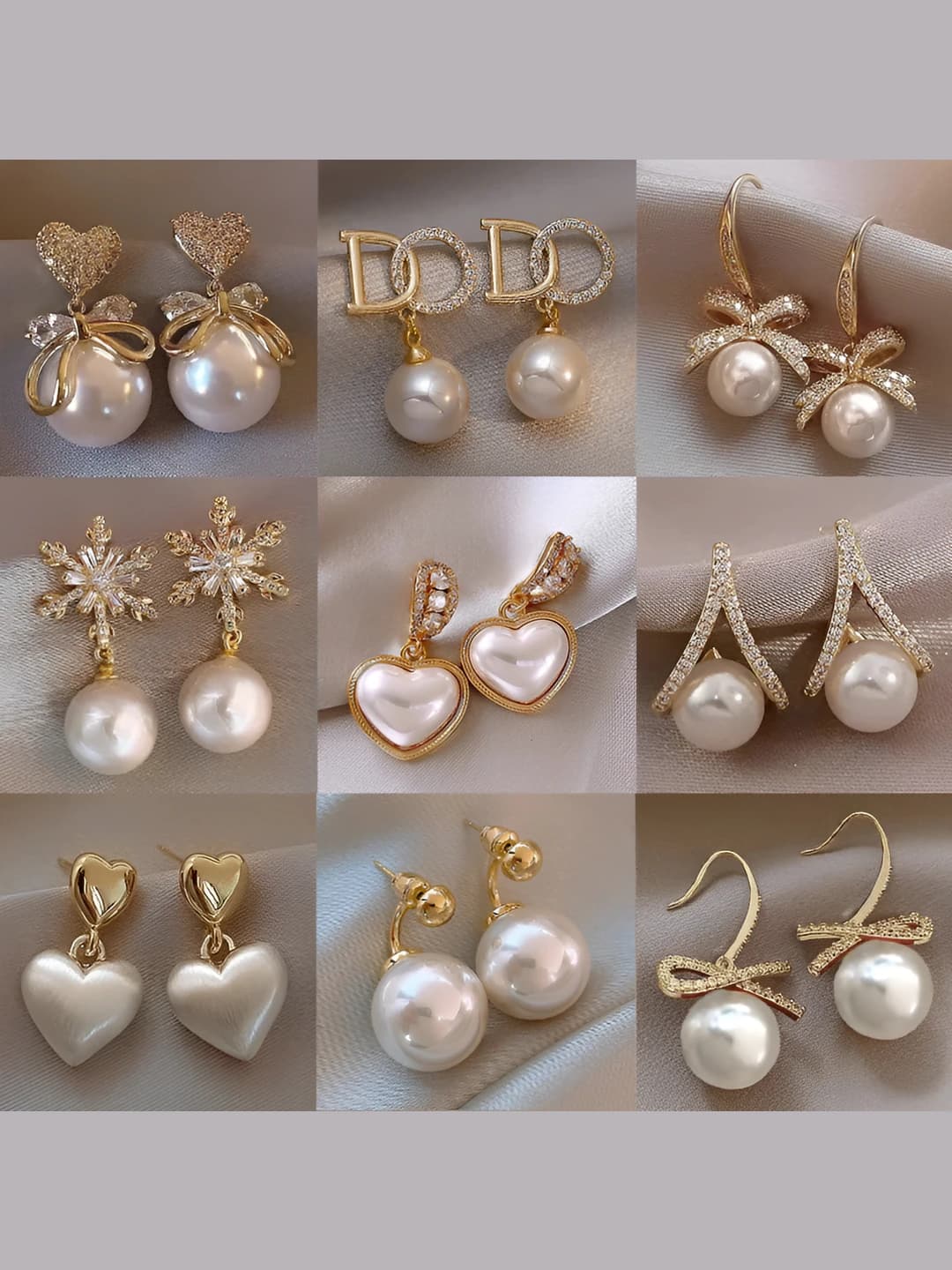 Women's pearl earrings, french style, design element, geometric shape, rhinestone set, no piercing required