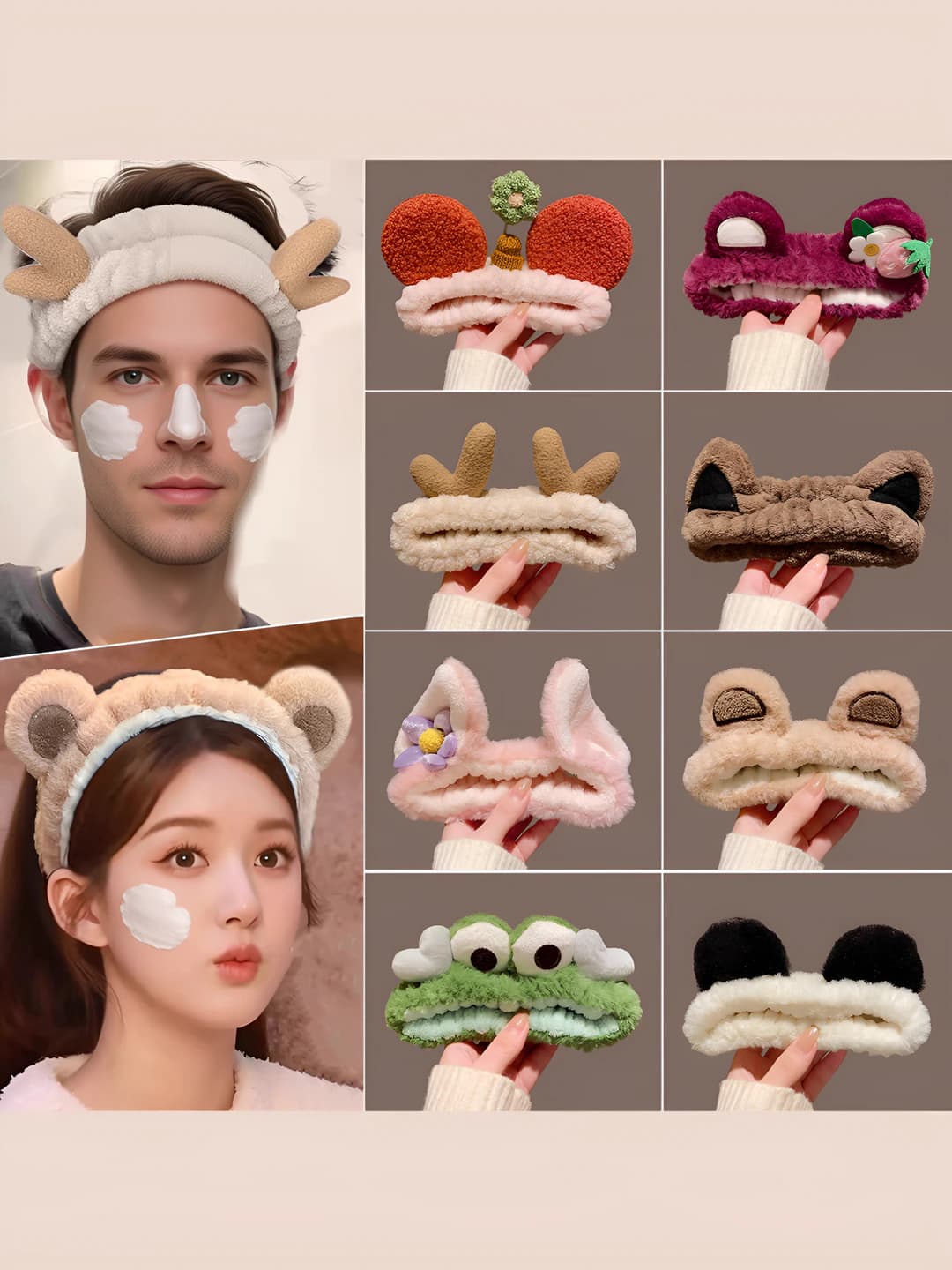 Face-washing headband for women, made of polyester, handmade, plaid pattern, bow design