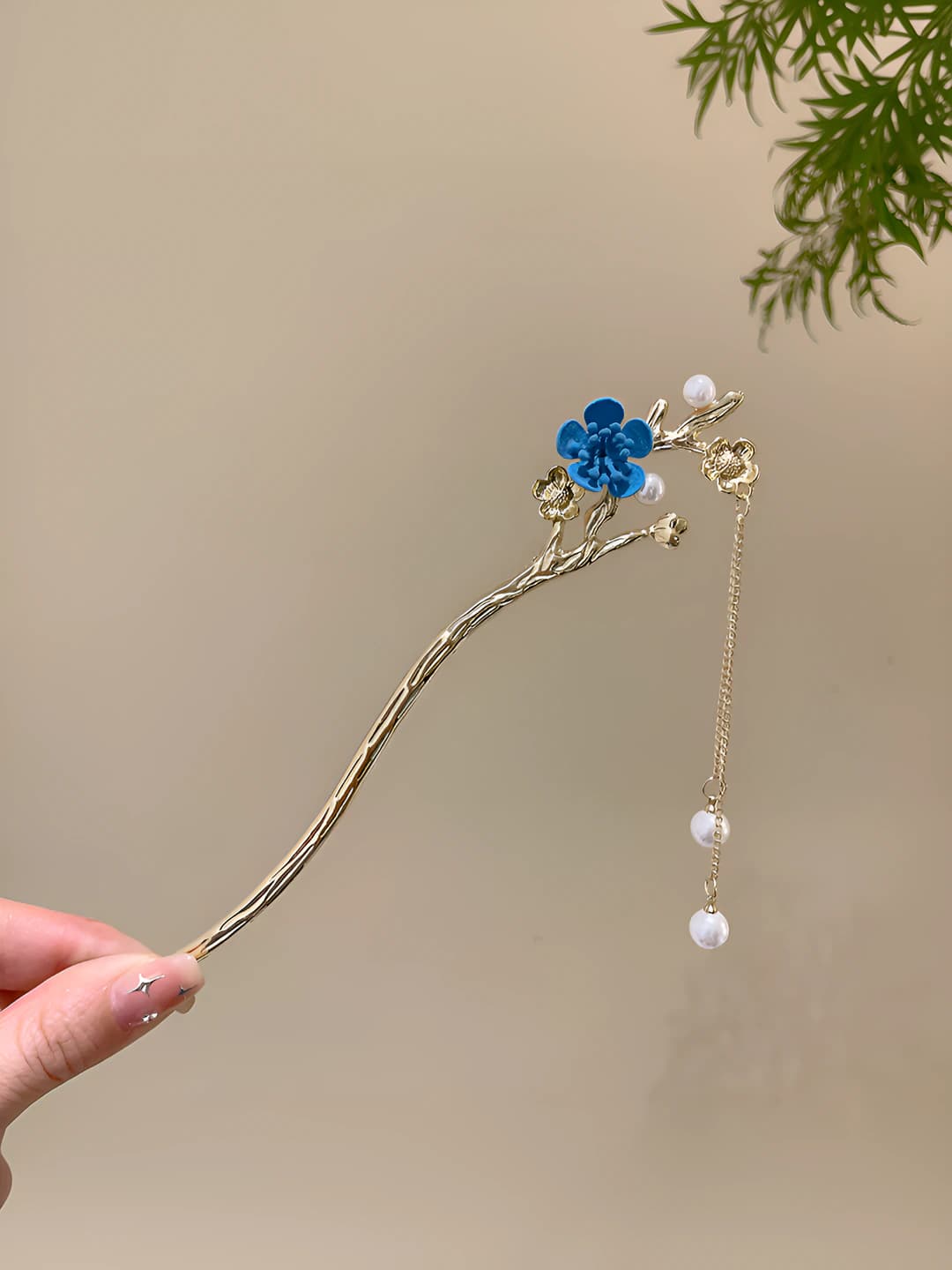 2# Blue floral pearl pendant hairpin - Gold