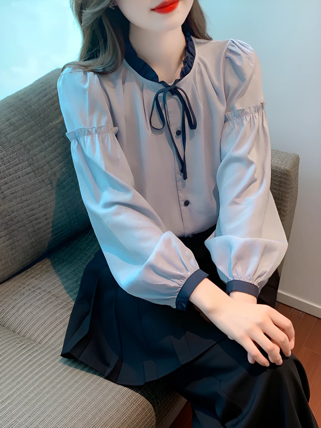 Women's 2026 spring thin long sleeve blouse, Korean style, V-neck, slim fit and loose fit, solid colour, girly style