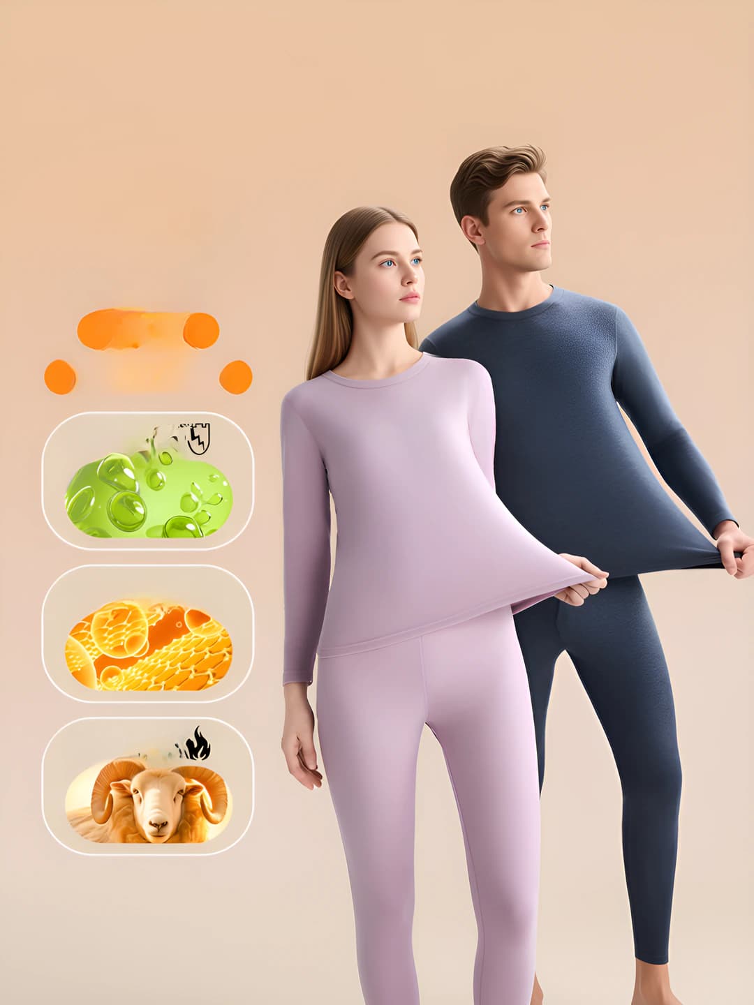 Women's fleece-lined thermal underwear set: wool, warm, thickened, crew neck, long sleeve, trousers, solid colour, autumn-winter