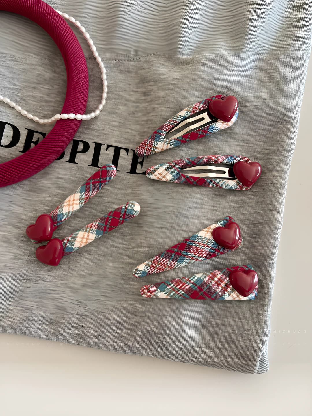 Women's 2026 red plaid heart hair clips, handmade, preppy style
