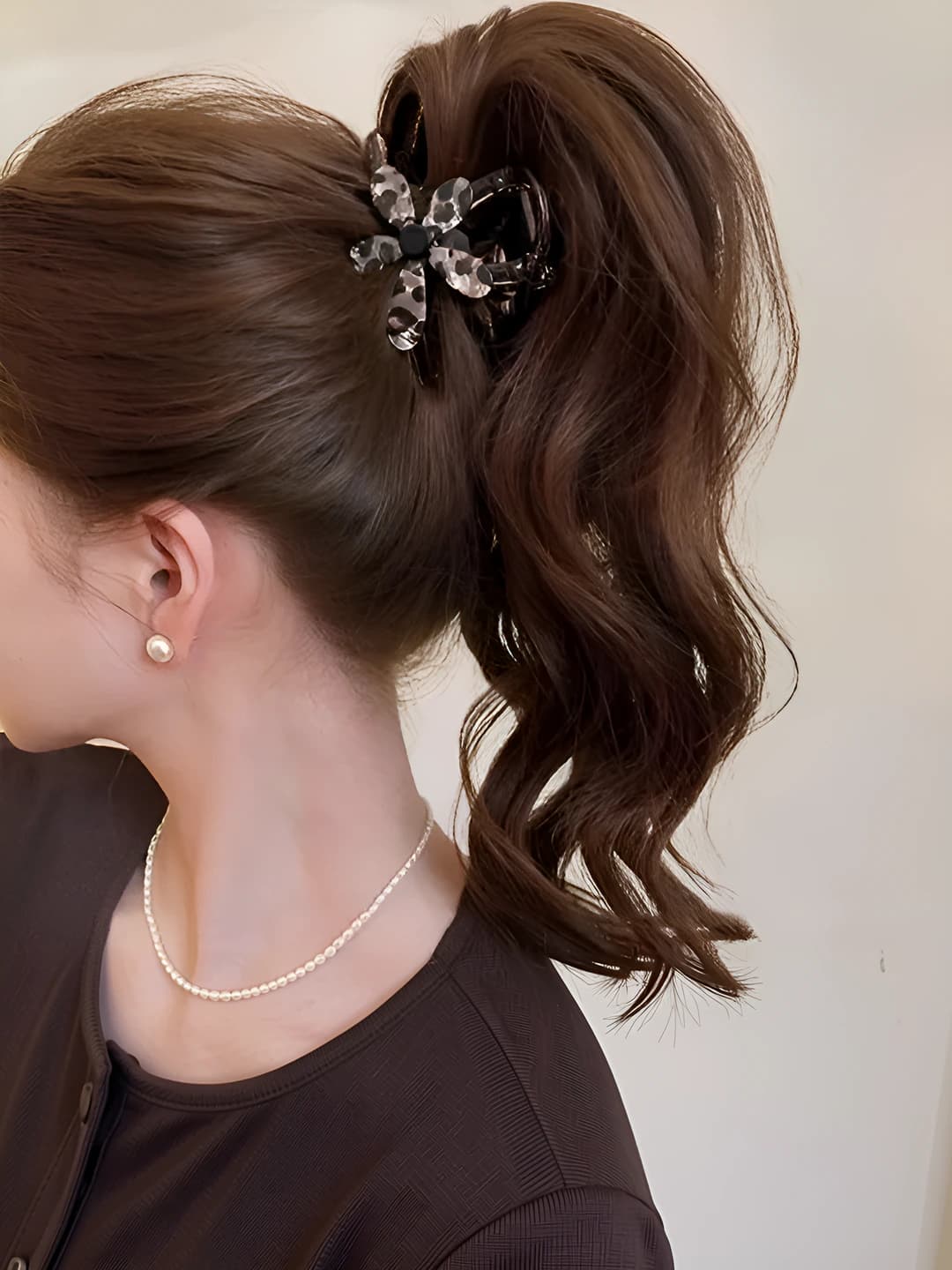 1# Medium [Clear brown base] Leopard flower clip-8 cm