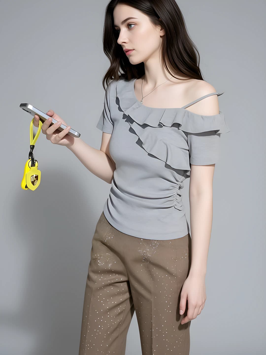 Women's summer off-shoulder ruffle short-sleeve top, slim fit, solid colour