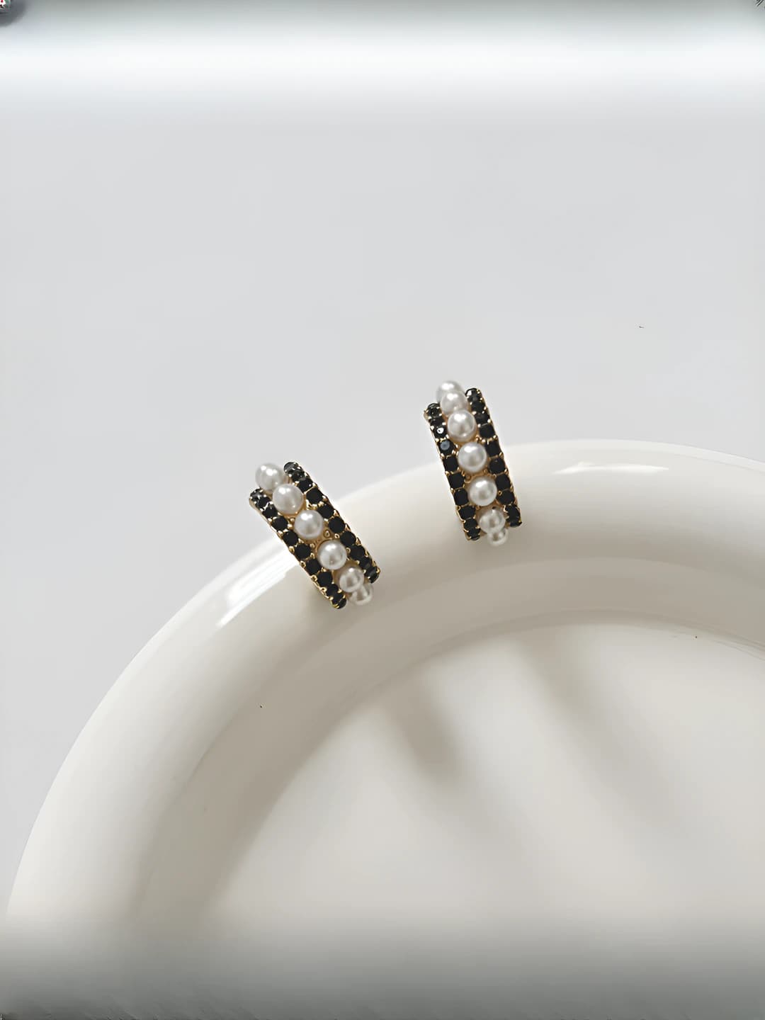 Women's retro semicircle pearl and zircon stud earrings