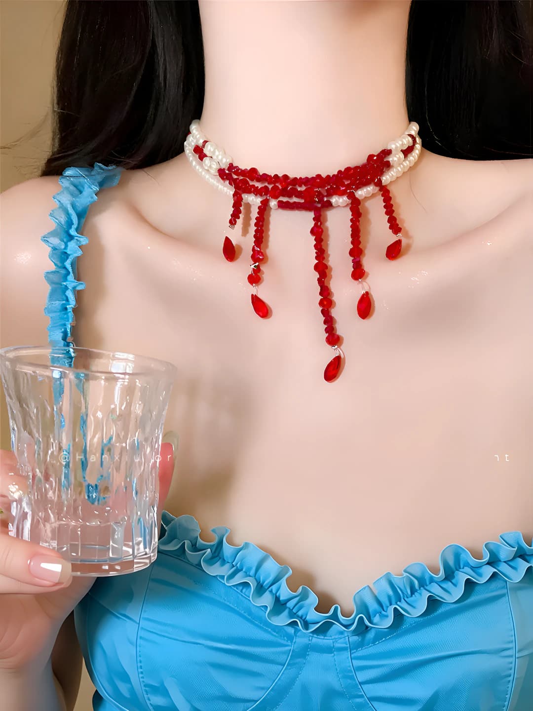 Women's beaded tassel necklace: imitation pearl, geometric shape, clavicle chain, design element: tassel, style: luxury
