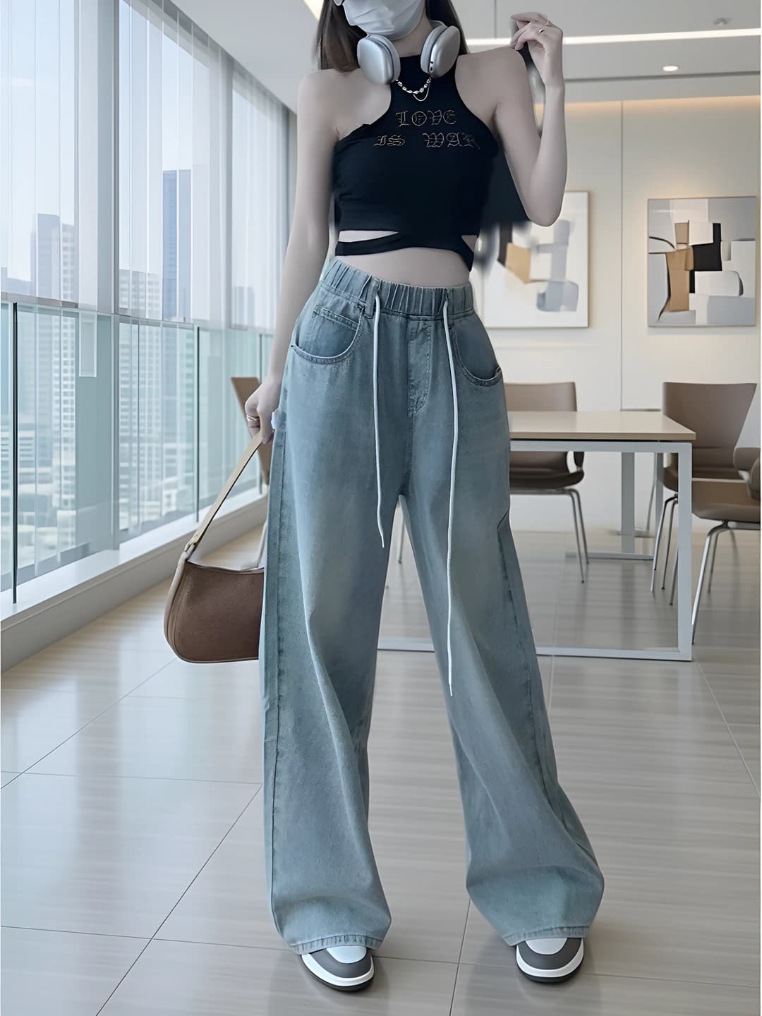 Women's spring-summer wide and flared jeans, high waist, elastic waist, plus size, slimming, straight cut, loose fit, trousers