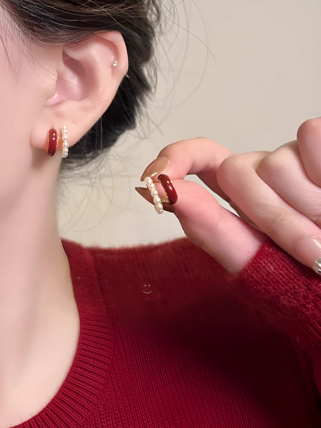 Red double pearl stud earrings