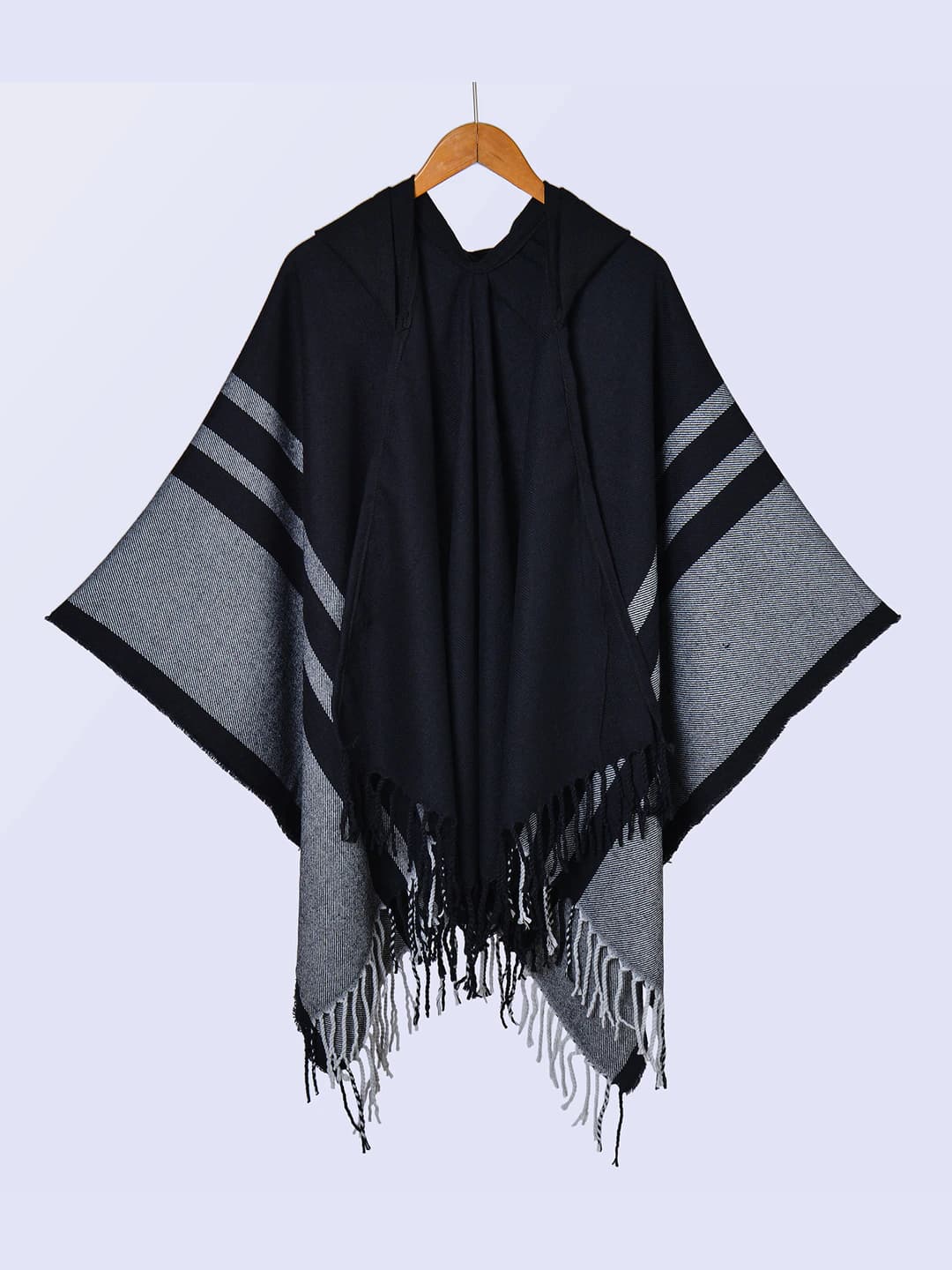 1 Hooded, striped, fringed, black