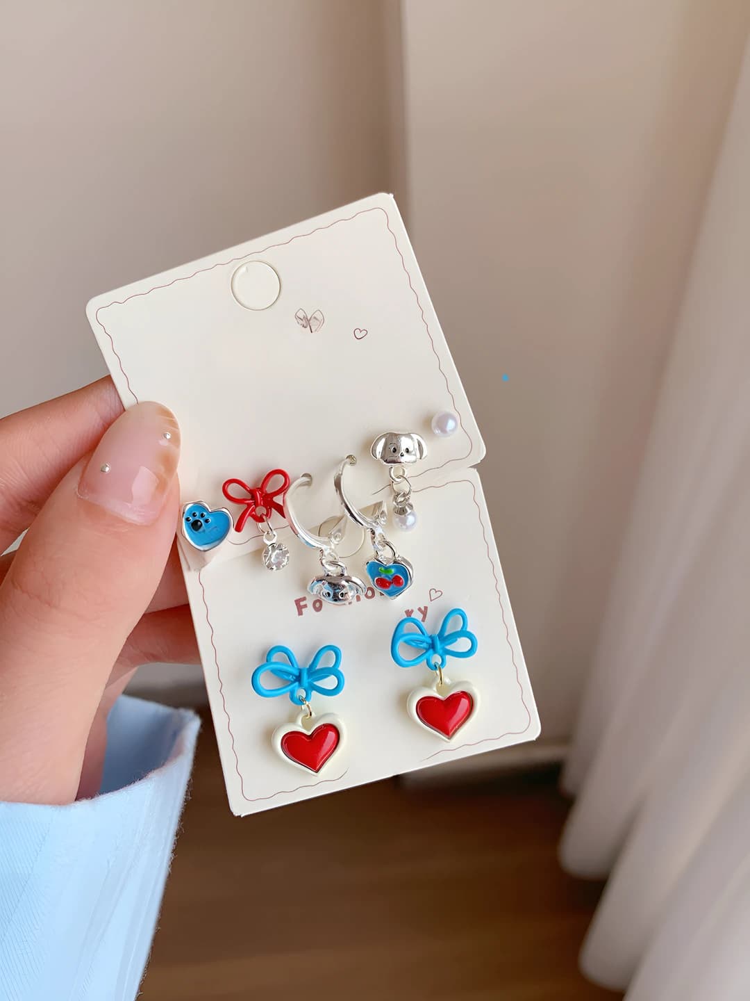 Women's heart and bow puppy ear stud earrings set, 925 silver post, fresh and sweet style