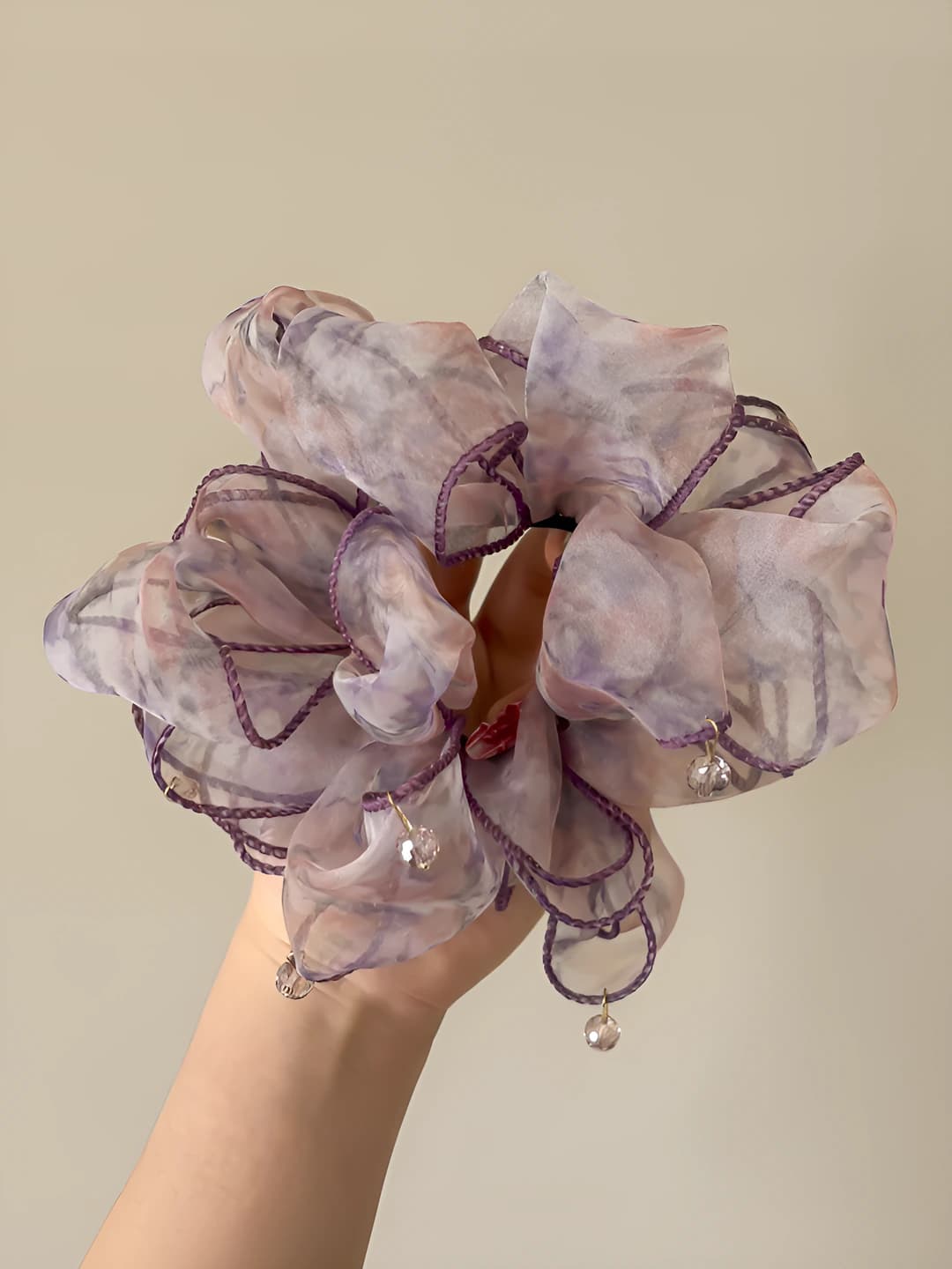 Purple mesh drop diamond scrunchie